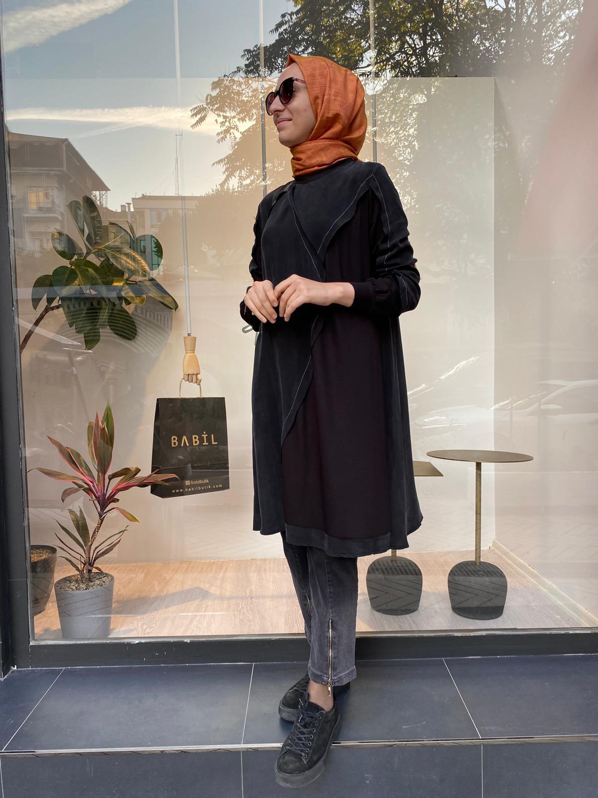 Misswhence Dikiş Detaylı İpek Tunik Siyah 34027