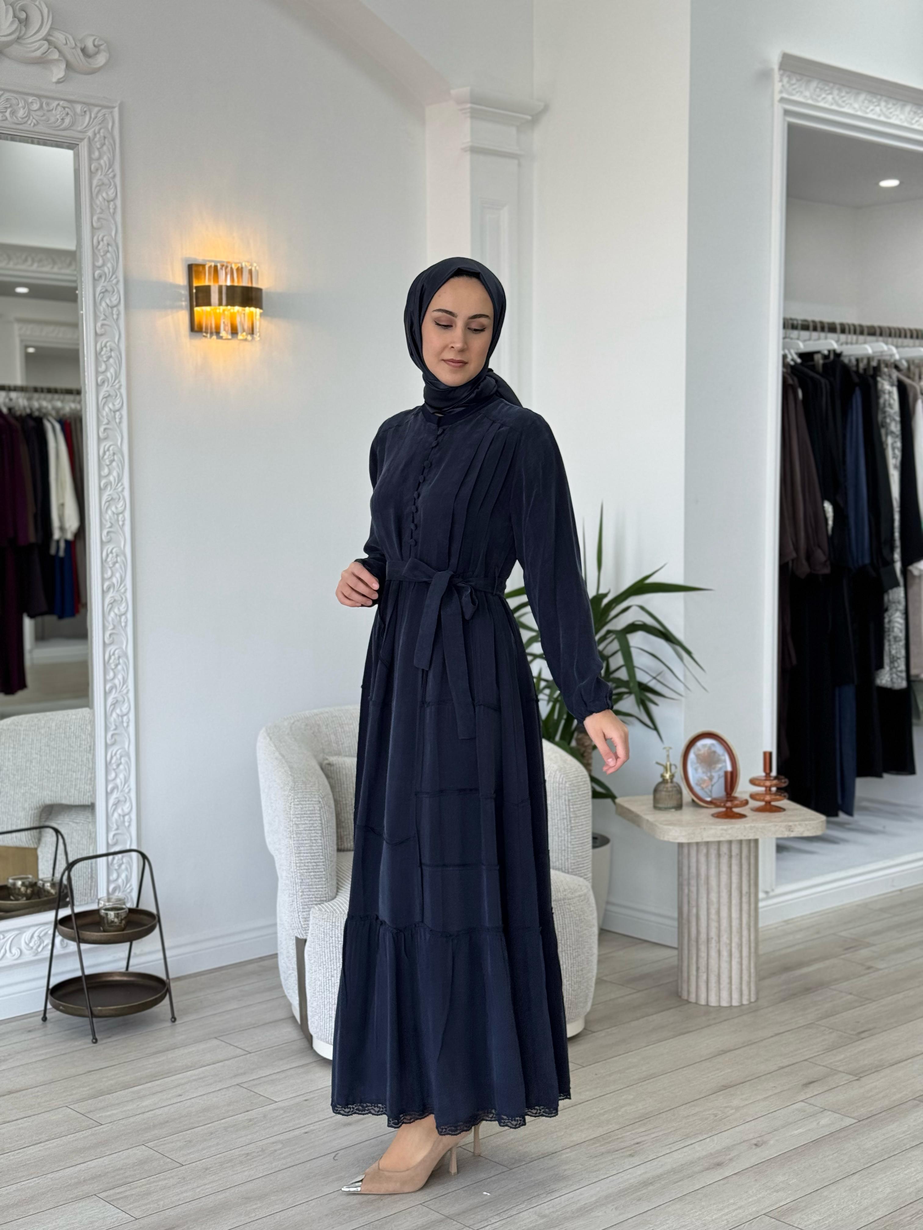 Misswhence Düğme Detaylı Cupra Elbise Lacivert 37809