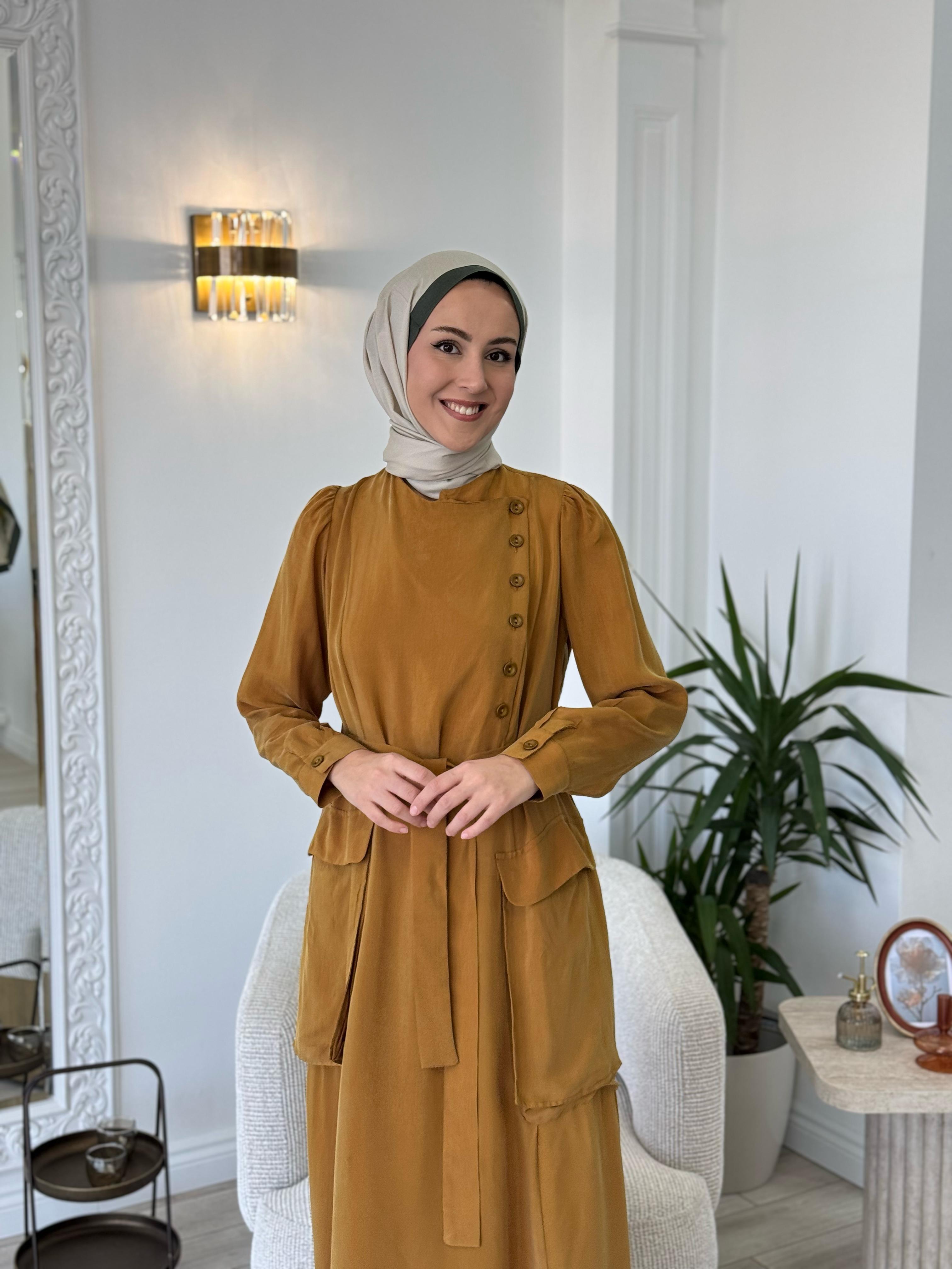 Misswhence Düğme Detaylı Elbise Hardal 37805