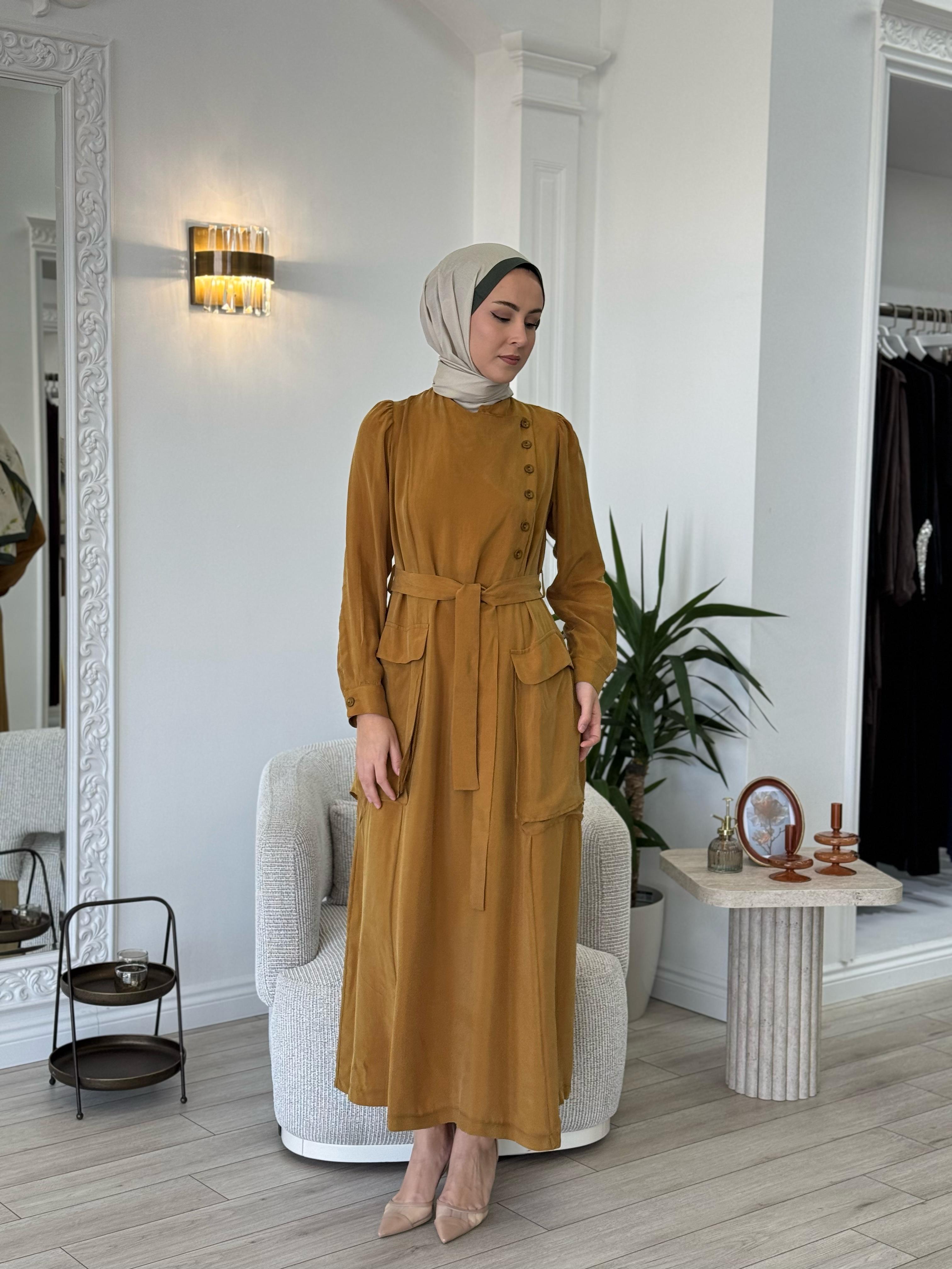 Misswhence Düğme Detaylı Elbise Hardal 37805