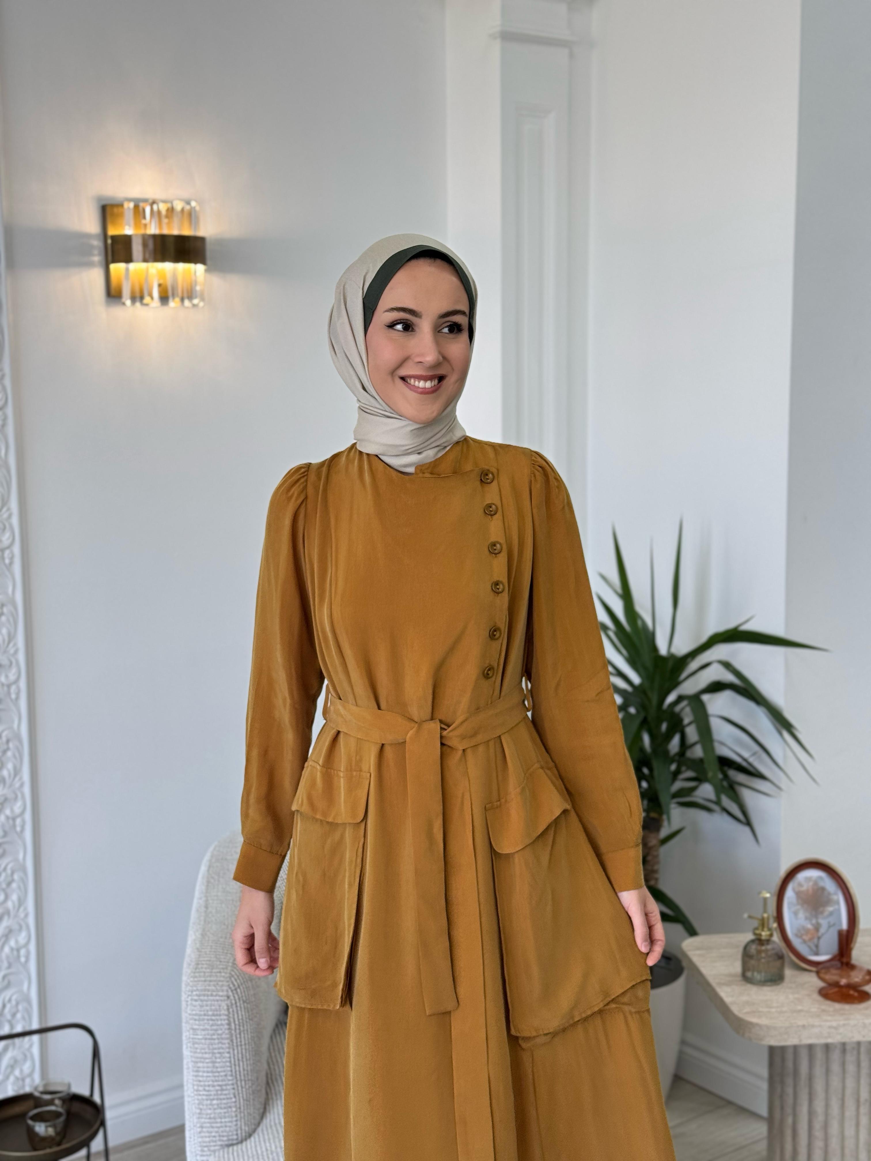 Misswhence Düğme Detaylı Elbise Hardal 37805