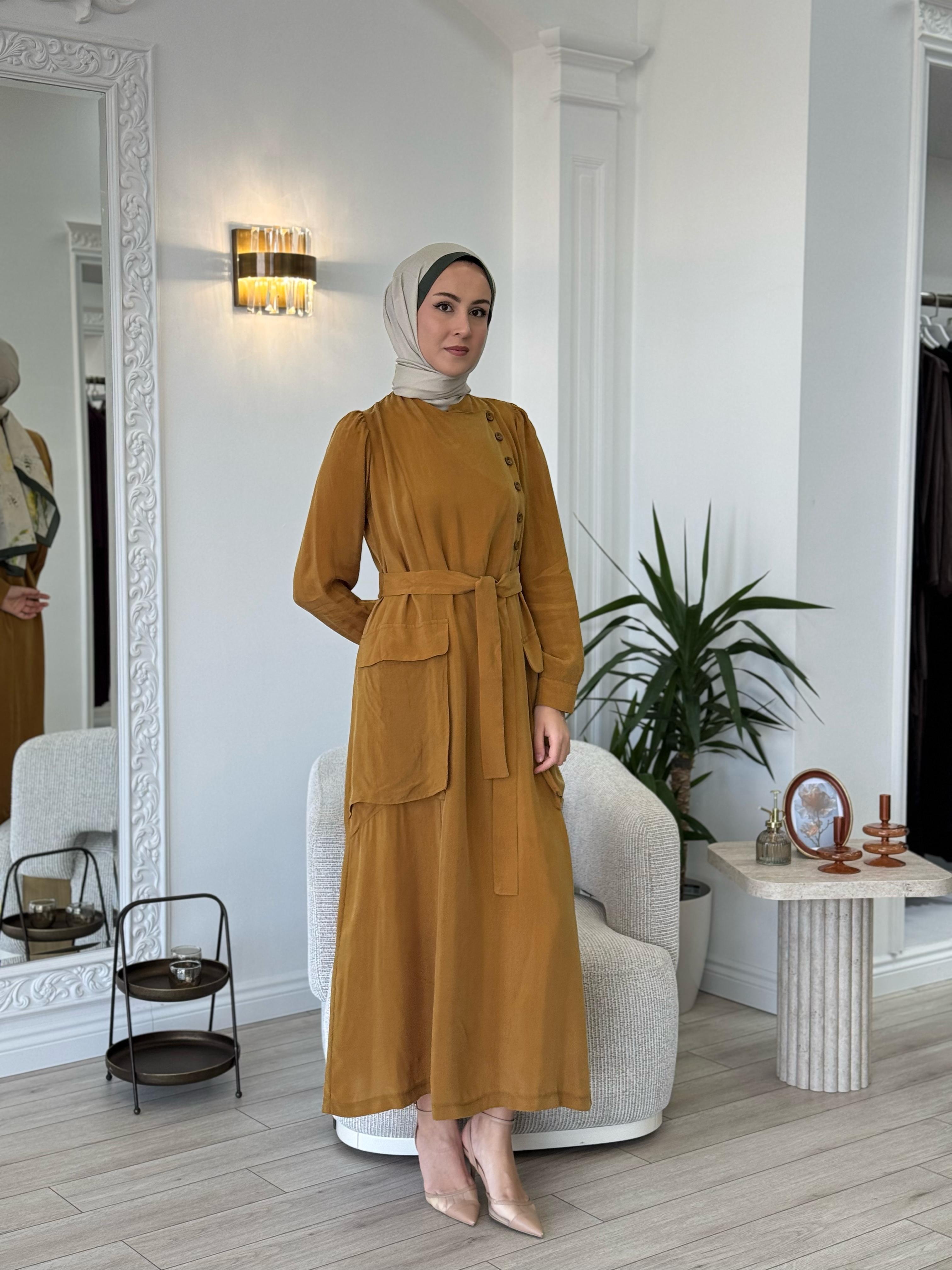 Misswhence Düğme Detaylı Elbise Hardal 37805