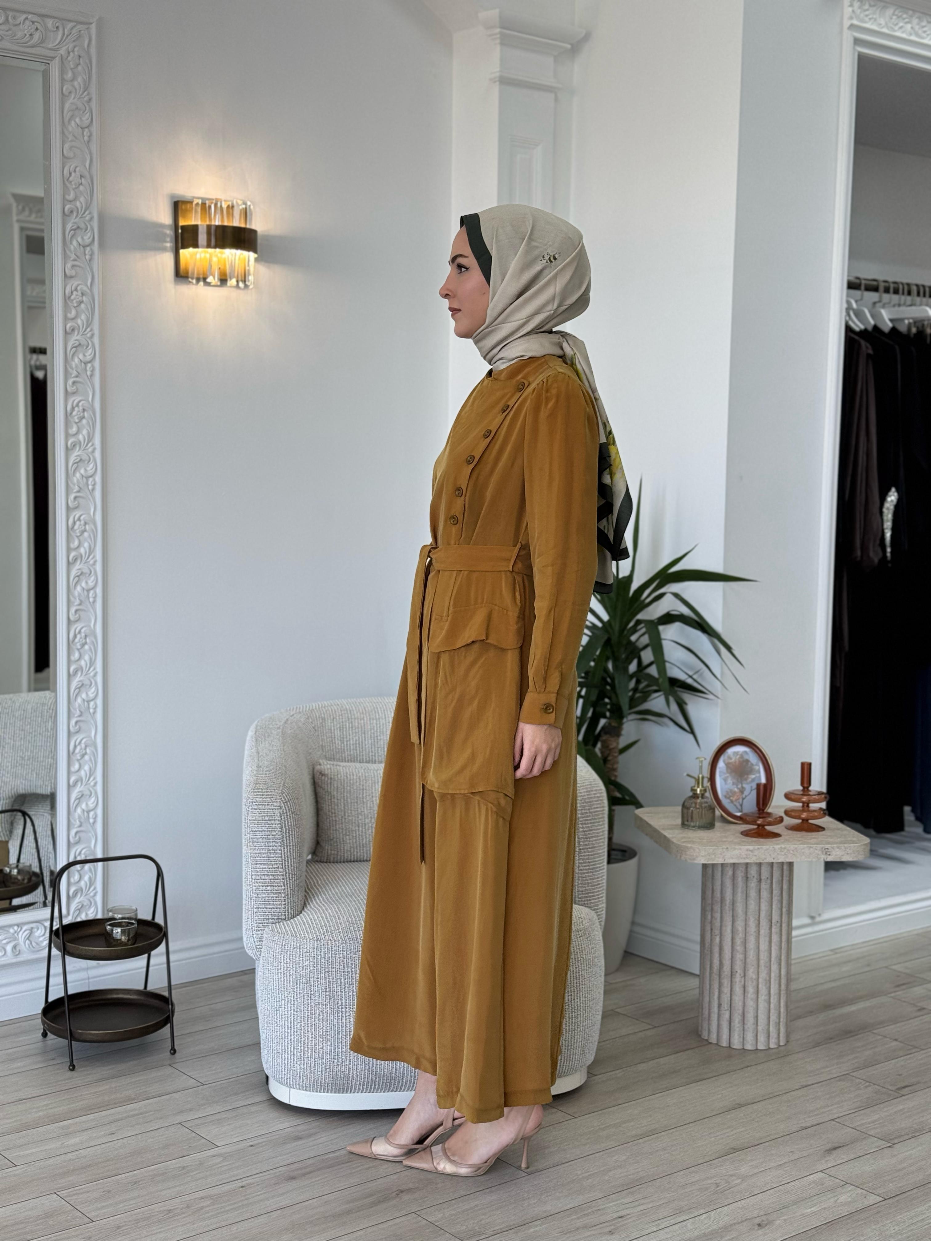 Misswhence Düğme Detaylı Elbise Hardal 37805
