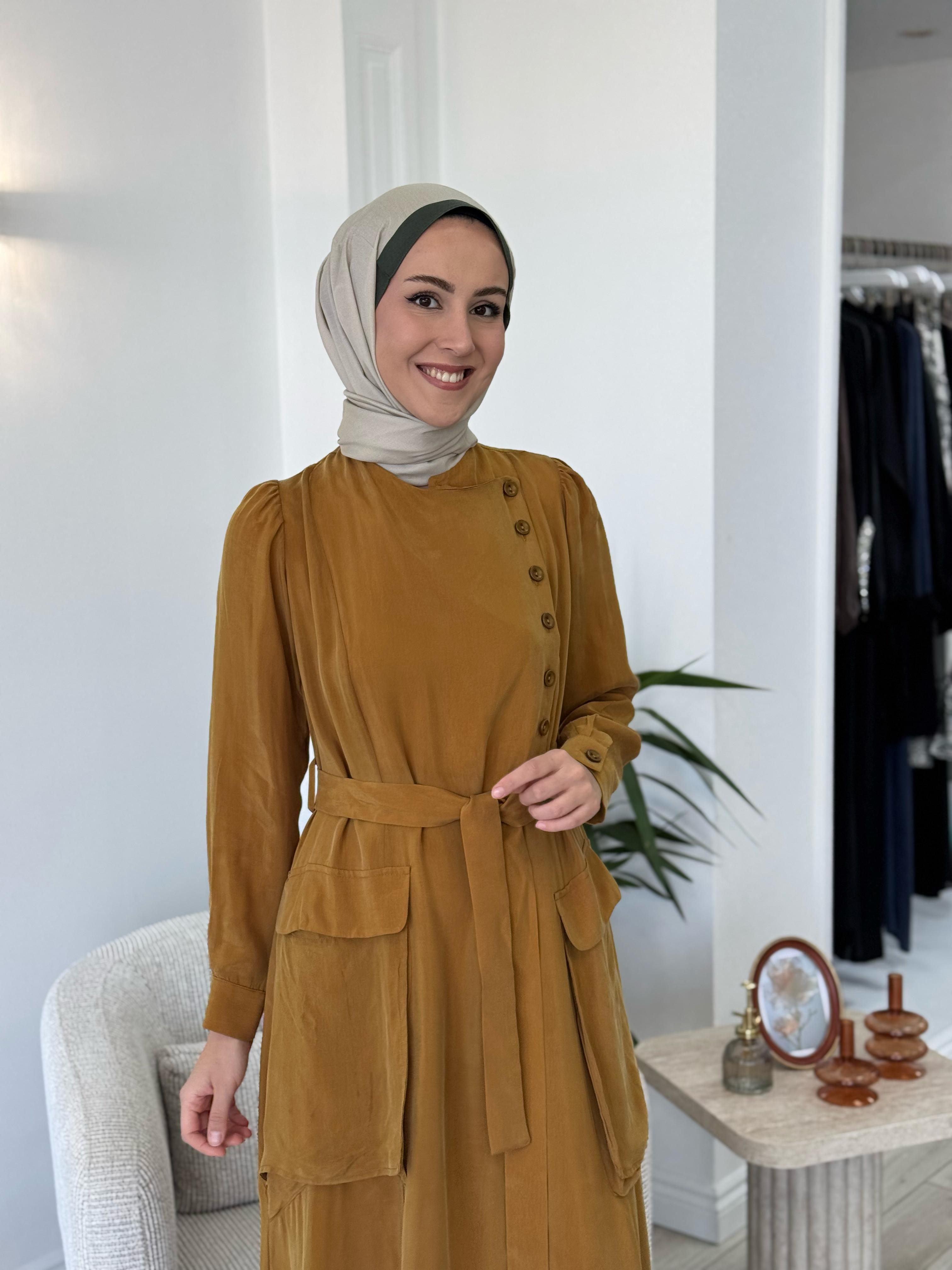 Misswhence Düğme Detaylı Elbise Hardal 37805
