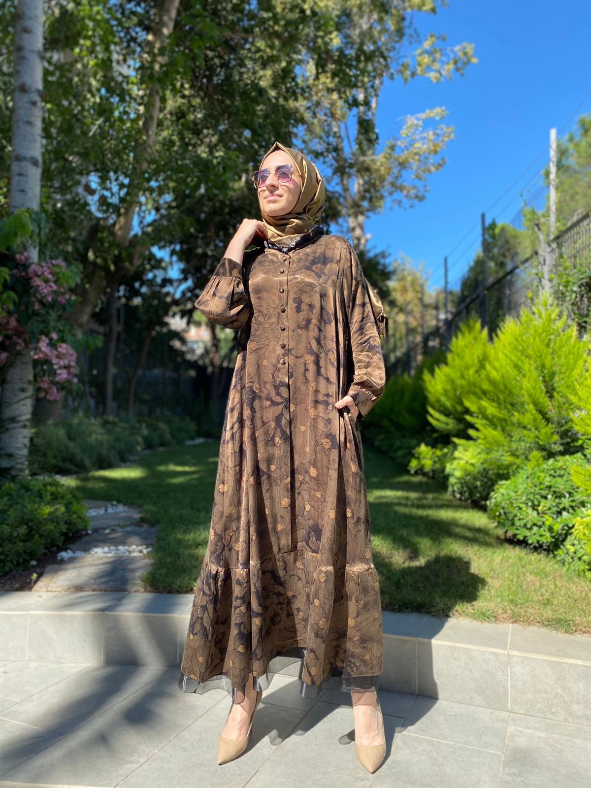 Misswhence Düğmeli Büyük Beden Bakır Elbise 2890