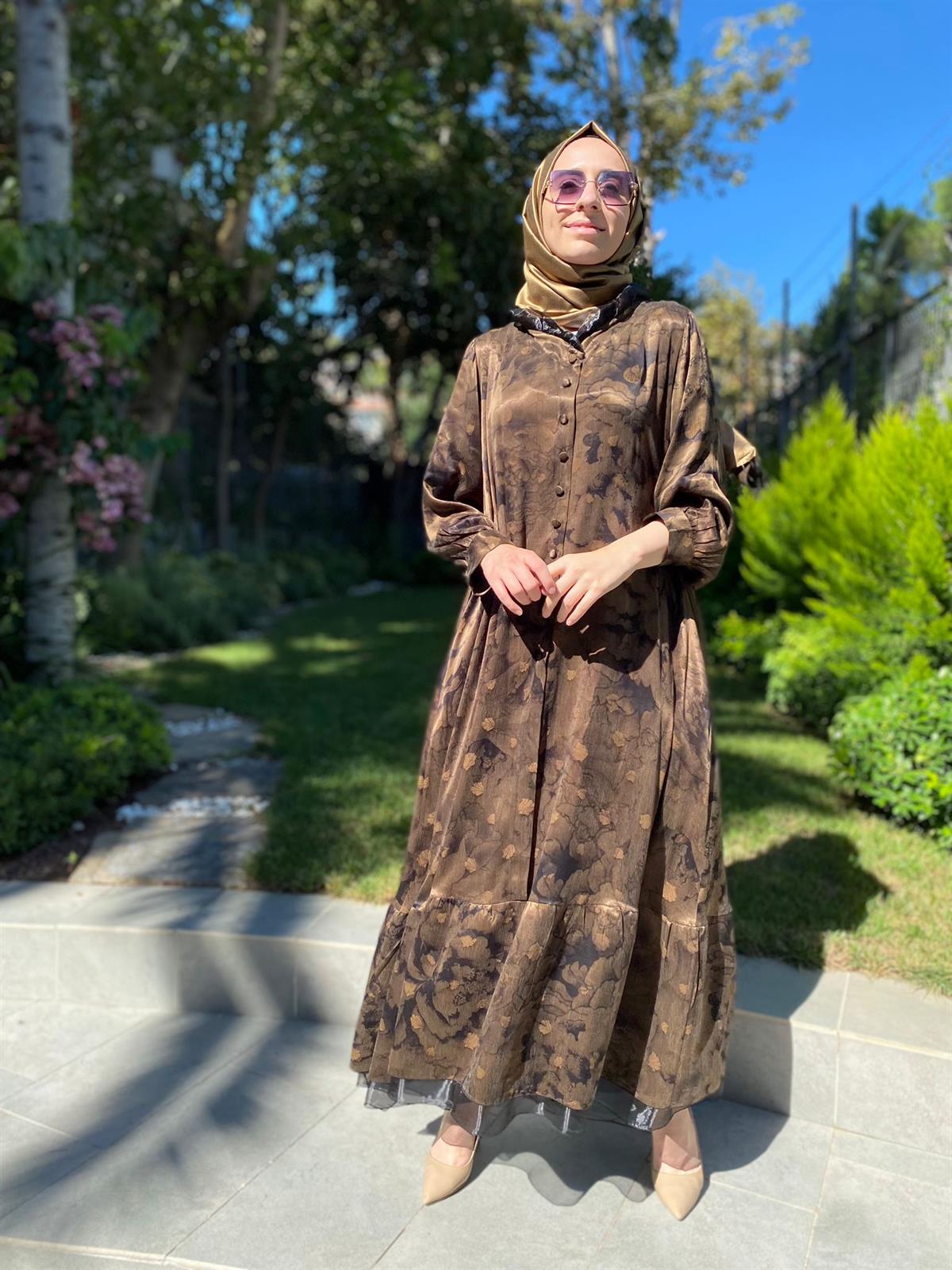 Misswhence Düğmeli Büyük Beden Bakır Elbise 2890