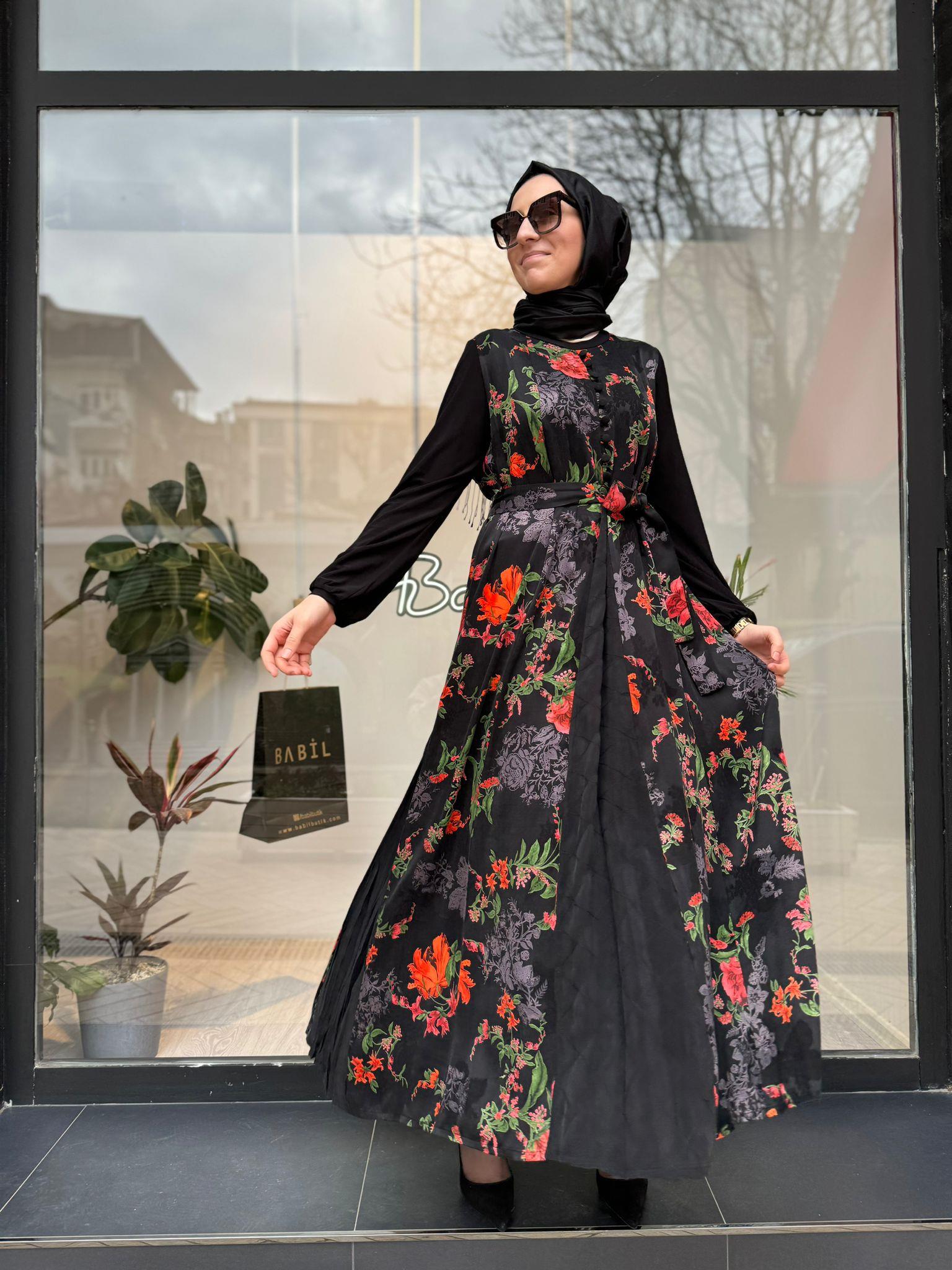 Misswhence Düğmeli Desenli Cupra Elbise Siyah 35801