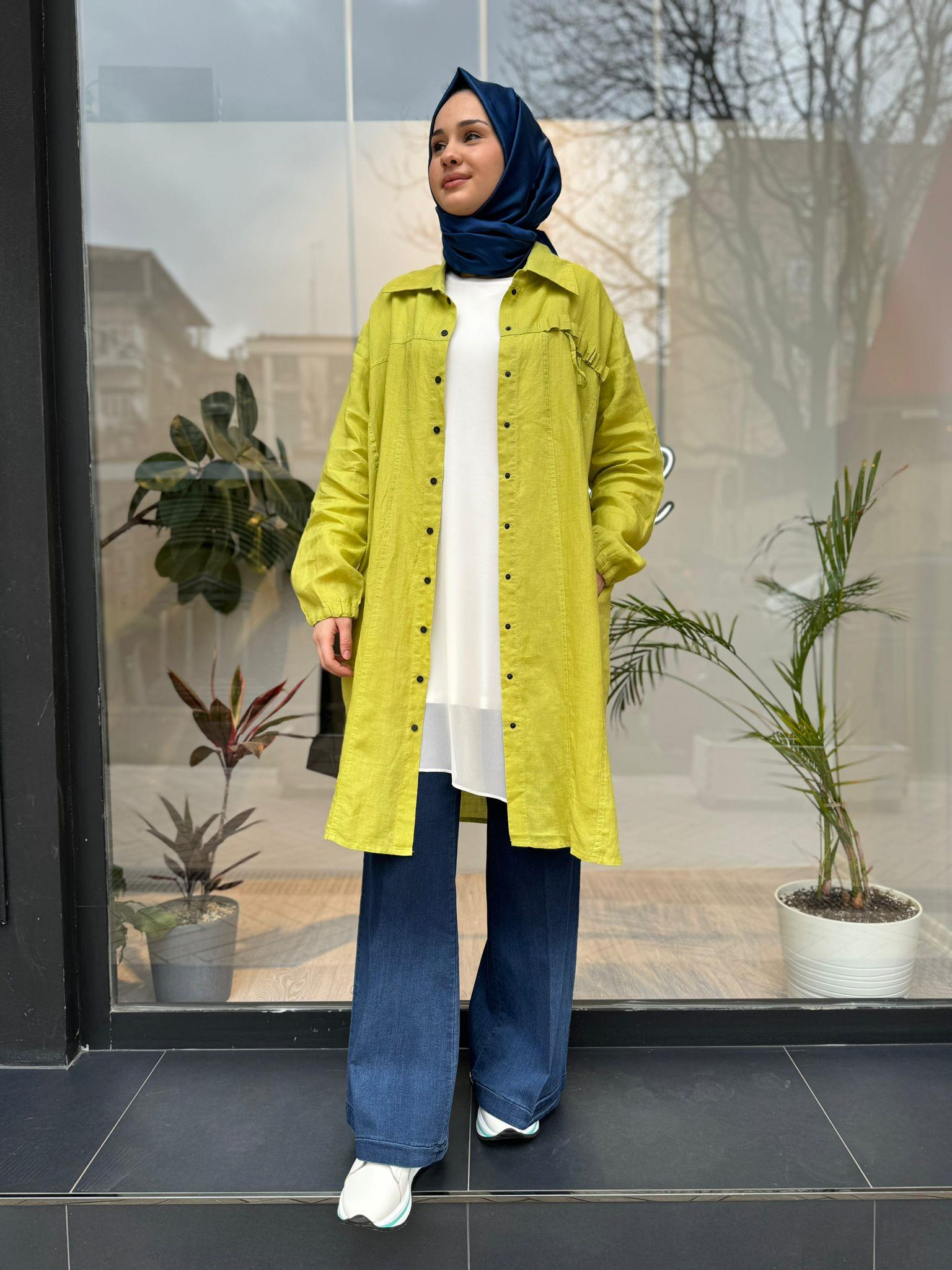Misswhence Düğmeli Keten Gömlek Yeşil 35308