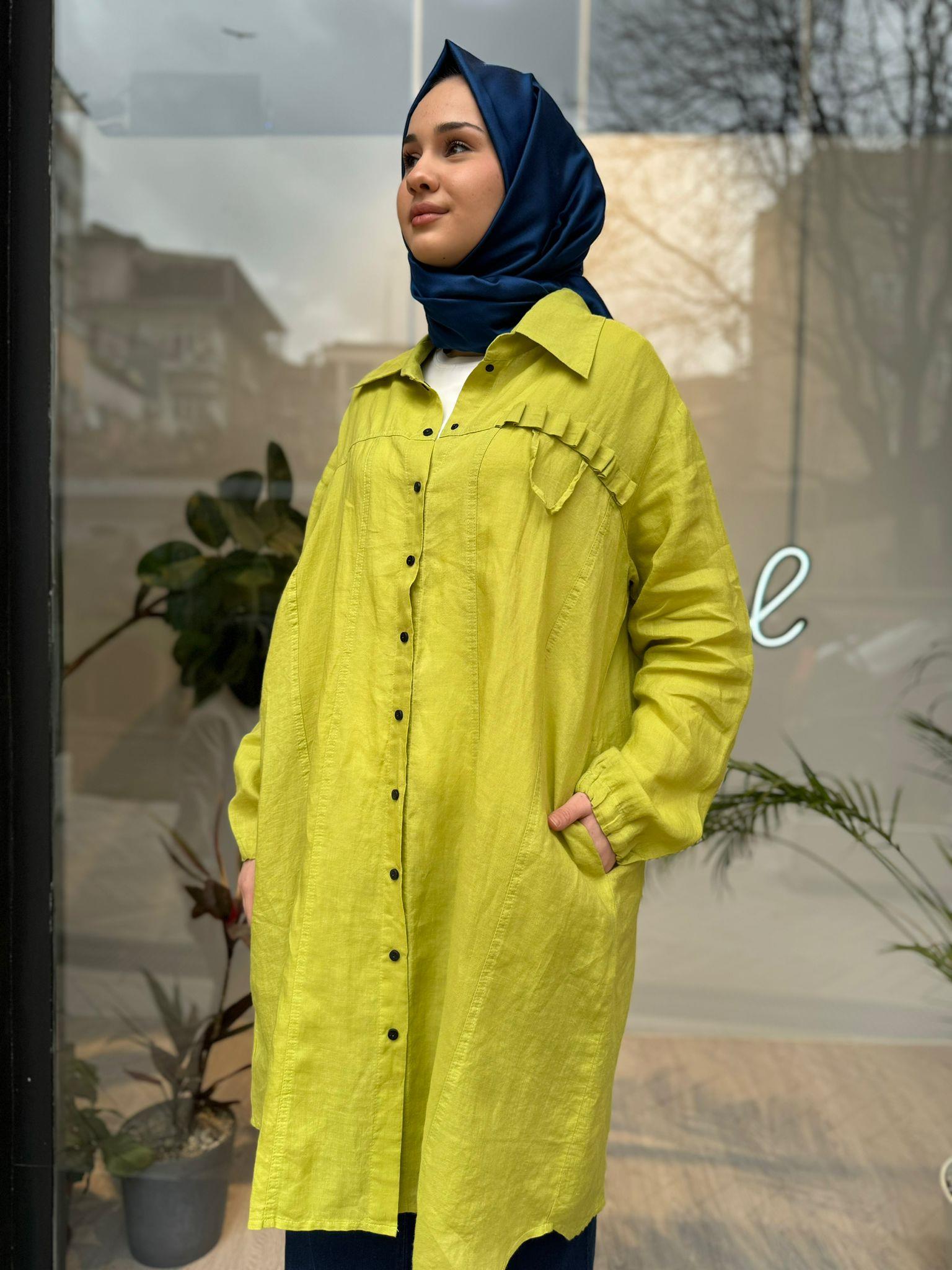 Misswhence Düğmeli Keten Gömlek Yeşil 35308