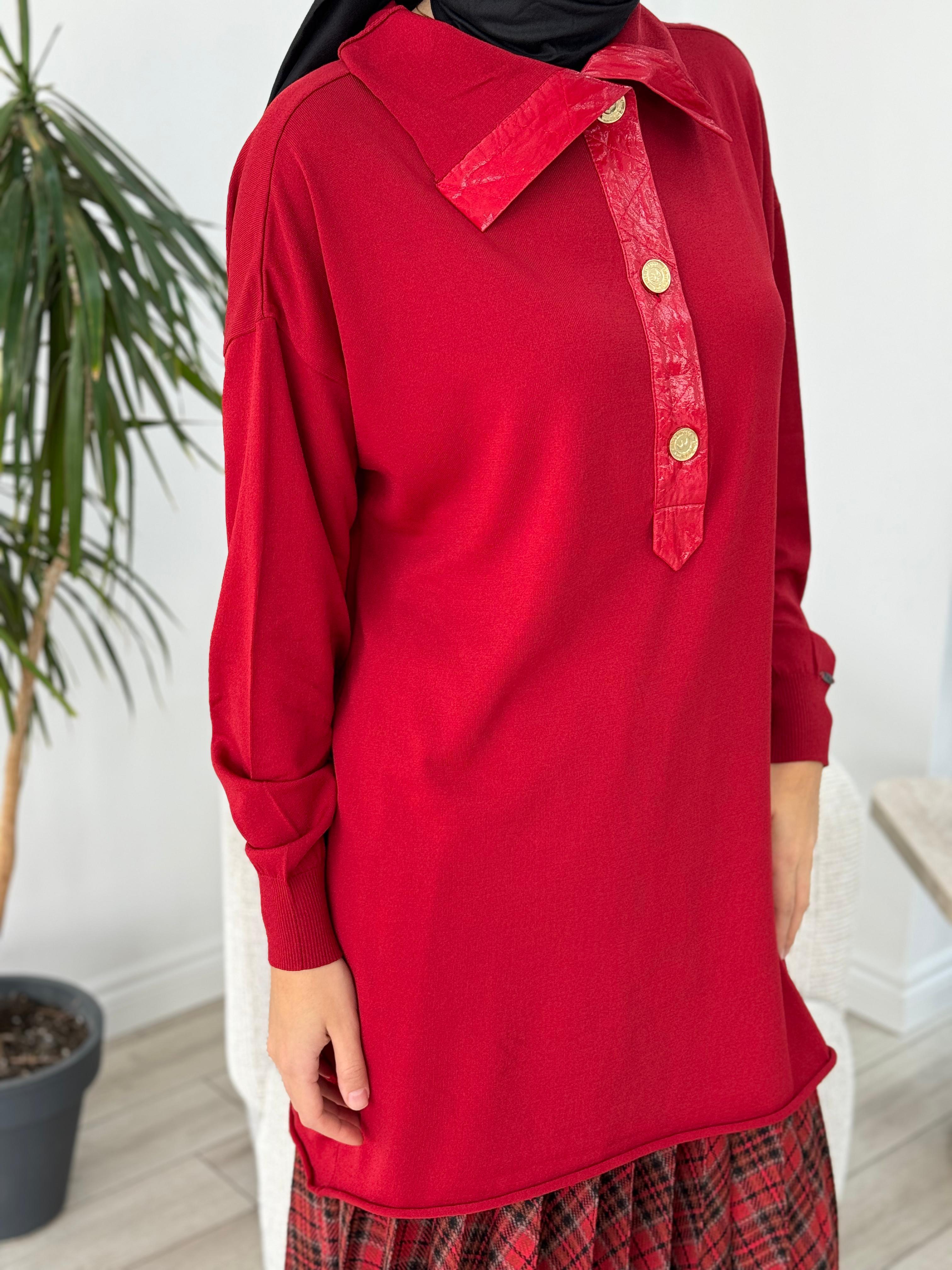 Misswhence Düğmeli Triko Tunik Kırmızı 36013