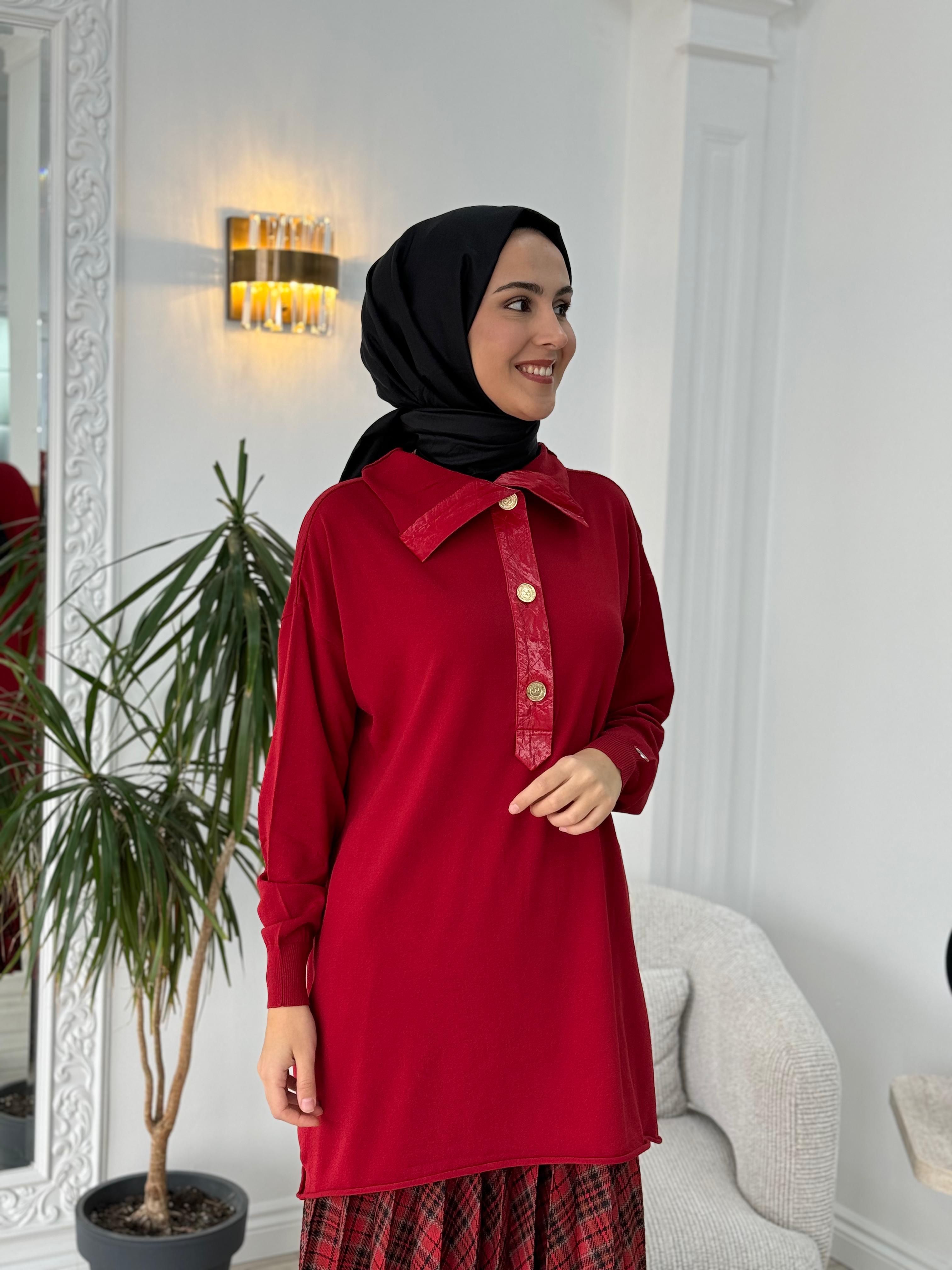 Misswhence Düğmeli Triko Tunik Kırmızı 36013