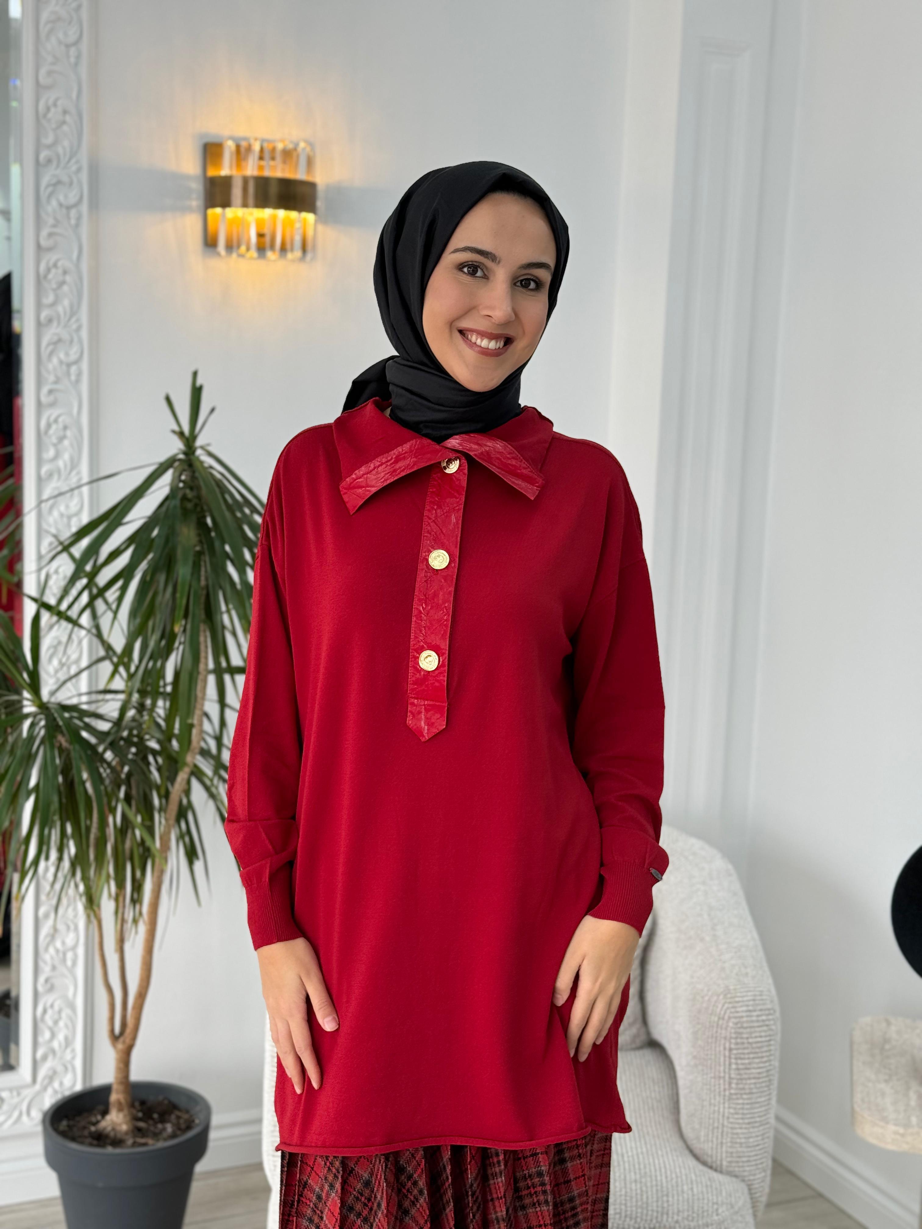 Misswhence Düğmeli Triko Tunik Kırmızı 36013
