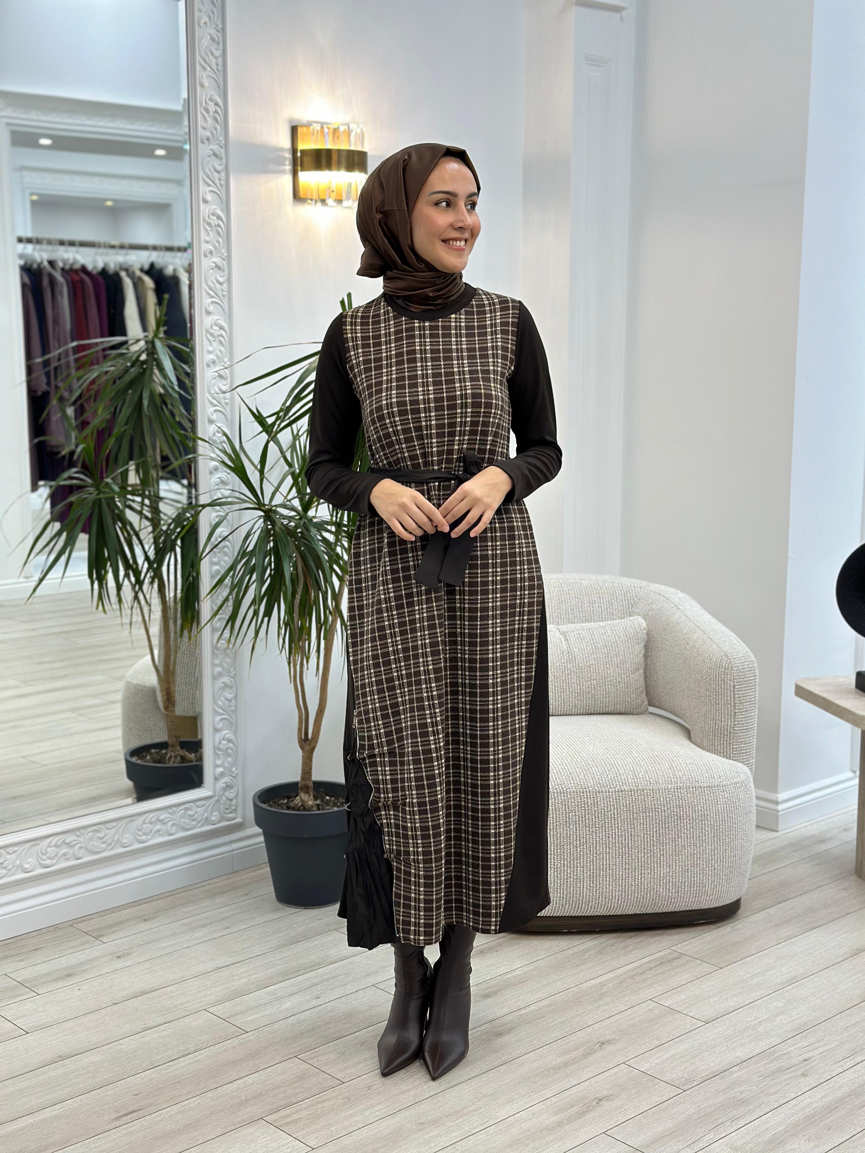 Misswhence Ekose Detaylı Elbise Kahverengi 36814