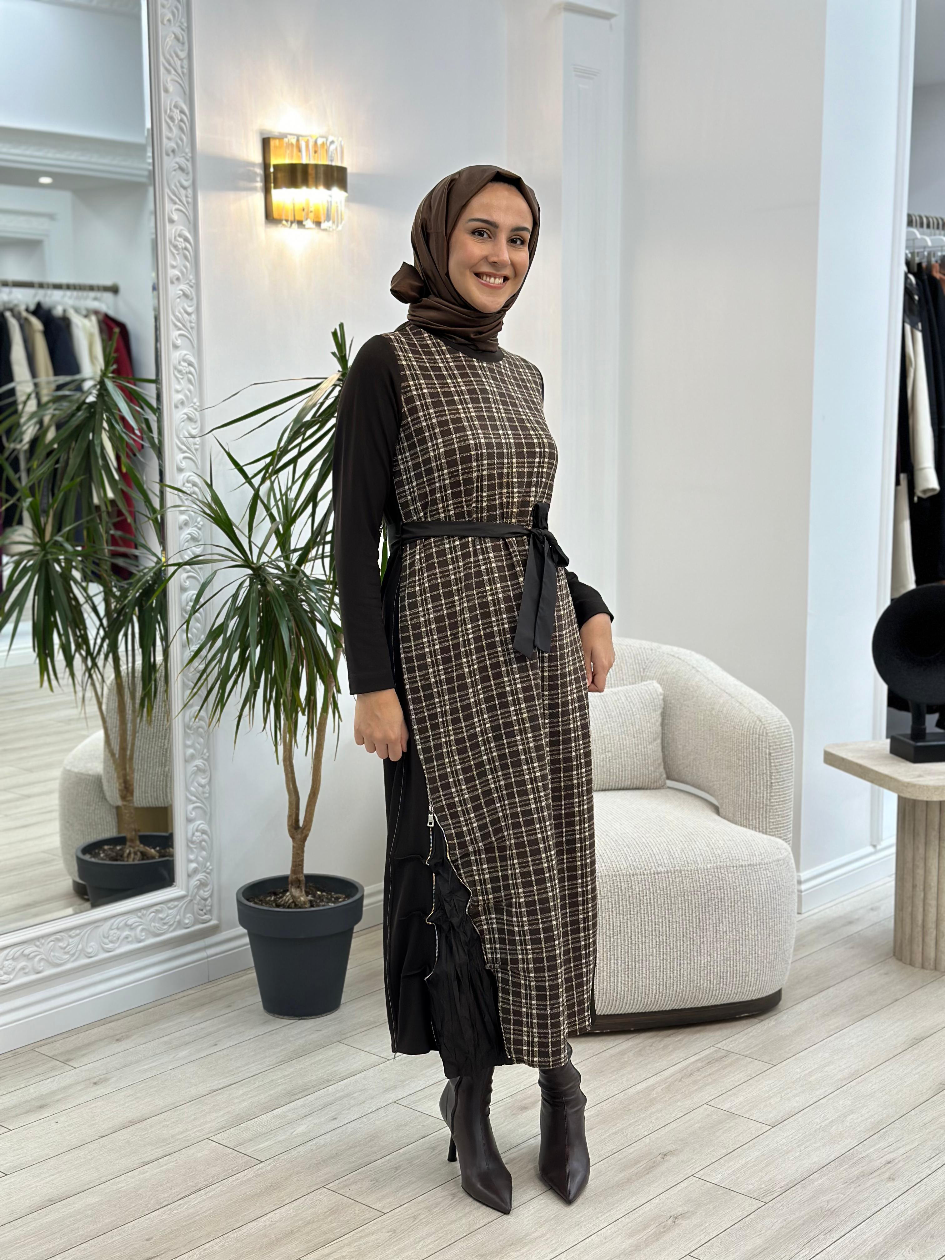Misswhence Ekose Detaylı Elbise Kahverengi 36814