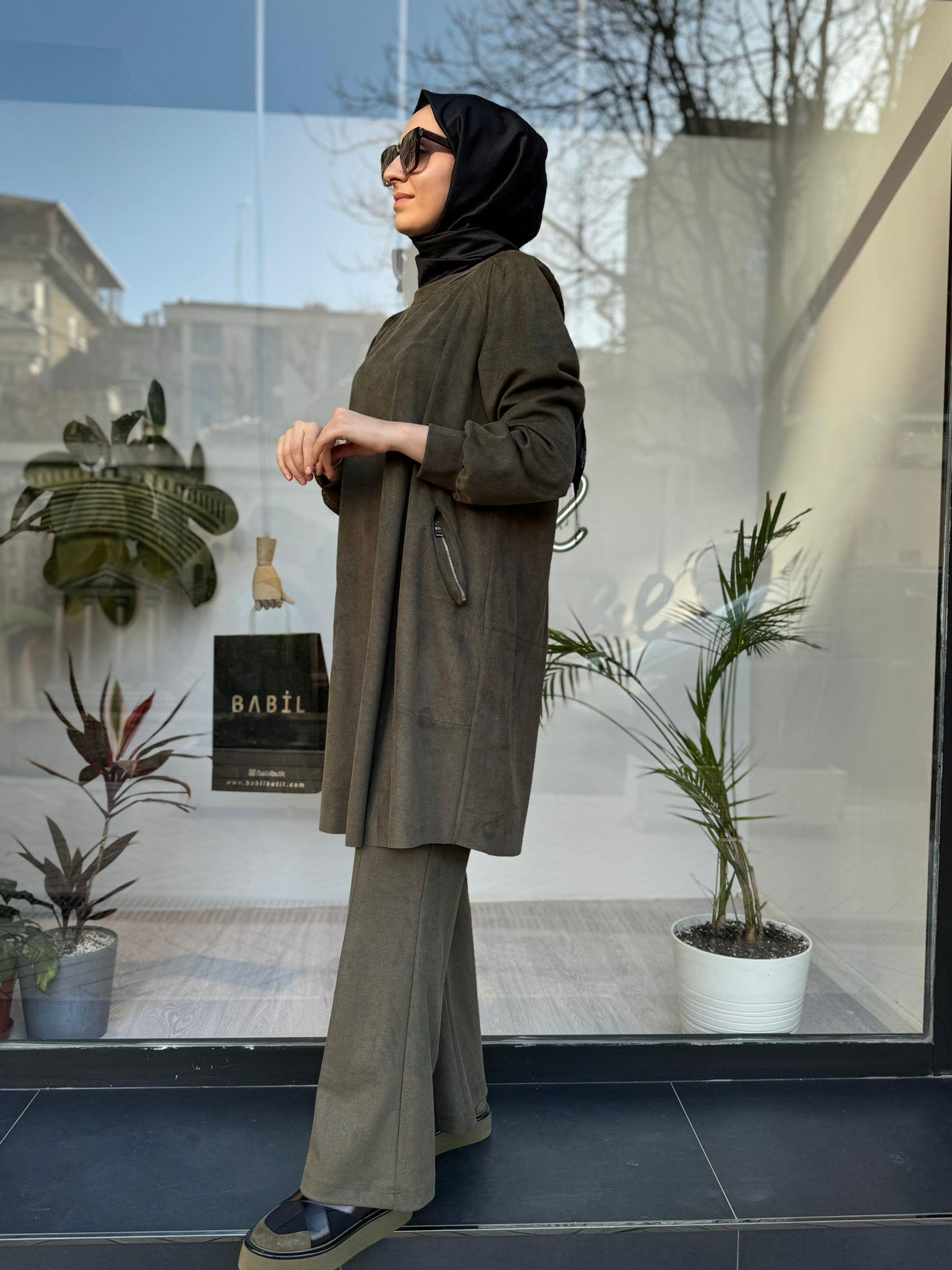 Misswhence Fermuar Cep Süet Tunik Haki 34001