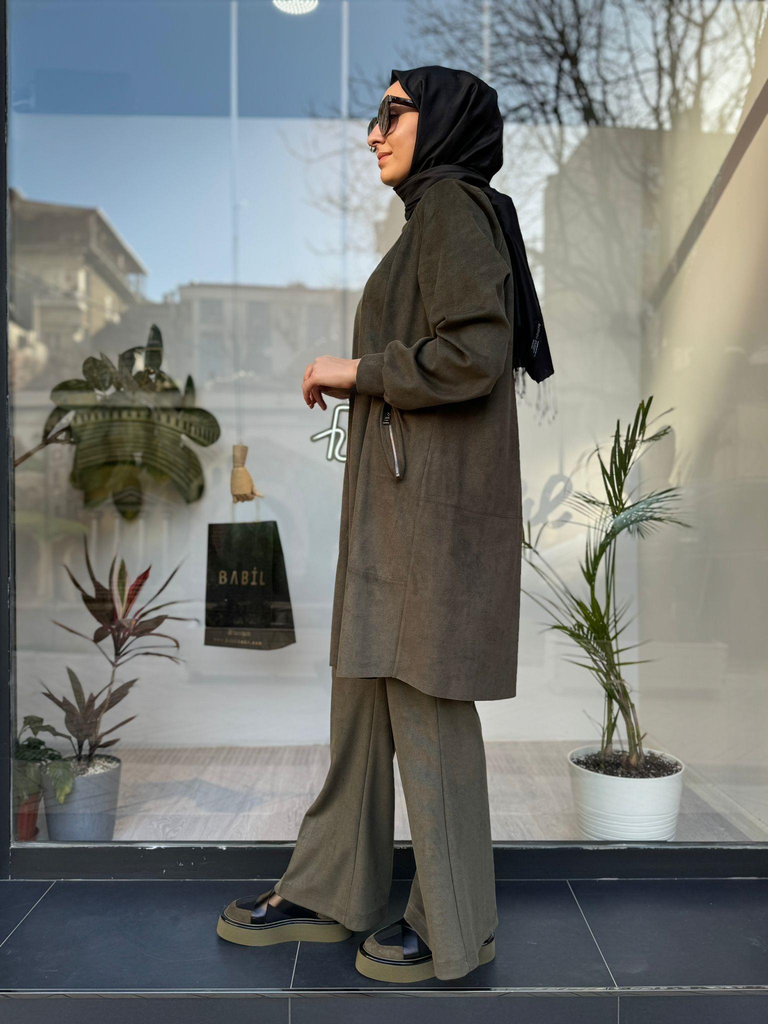 Misswhence Fermuar Cep Süet Tunik Haki 34001
