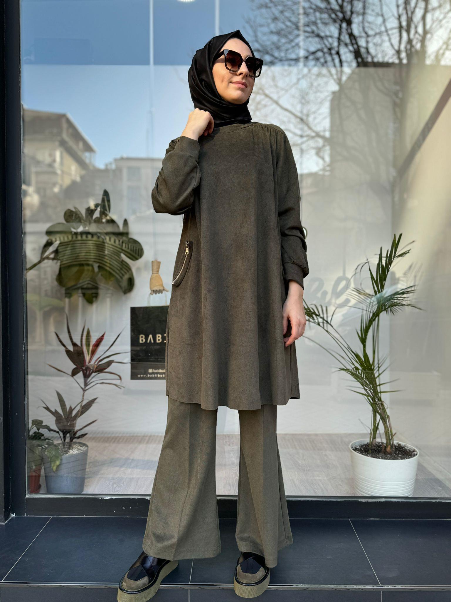 Misswhence Fermuar Cep Süet Tunik Haki 34001