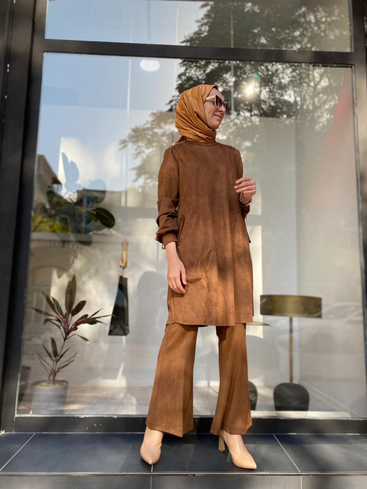 Misswhence Fermuar Cep Süet Tunik Taba 34001
