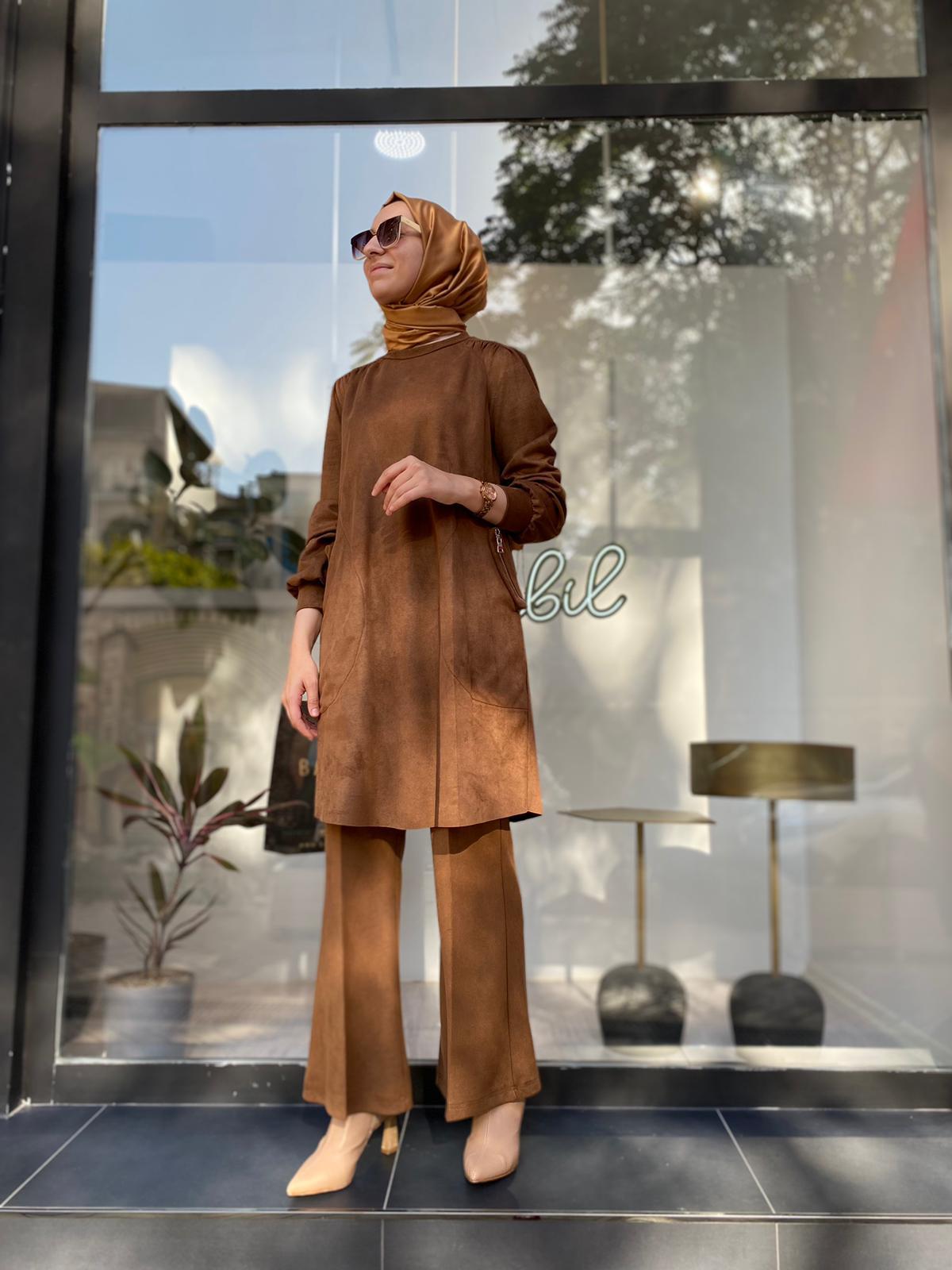 Misswhence Fermuar Cep Süet Tunik Taba 34001