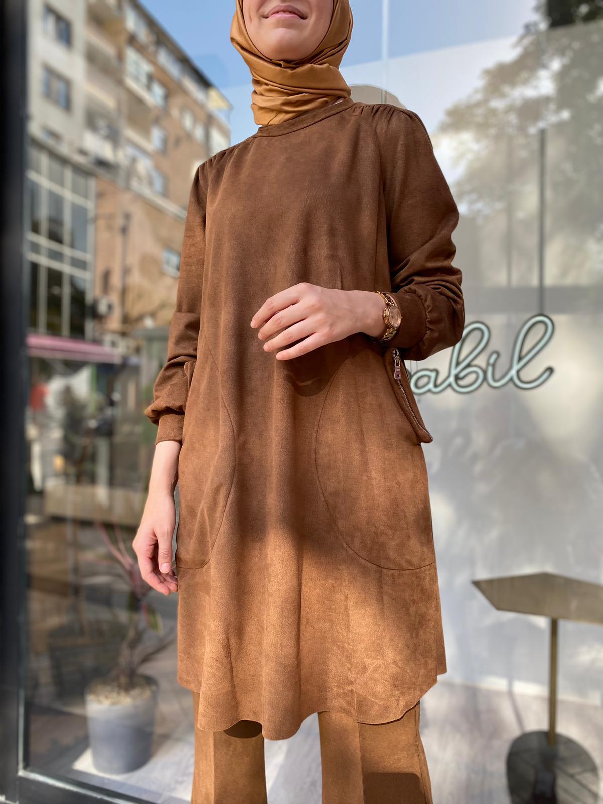 Misswhence Fermuar Cep Süet Tunik Taba 34001