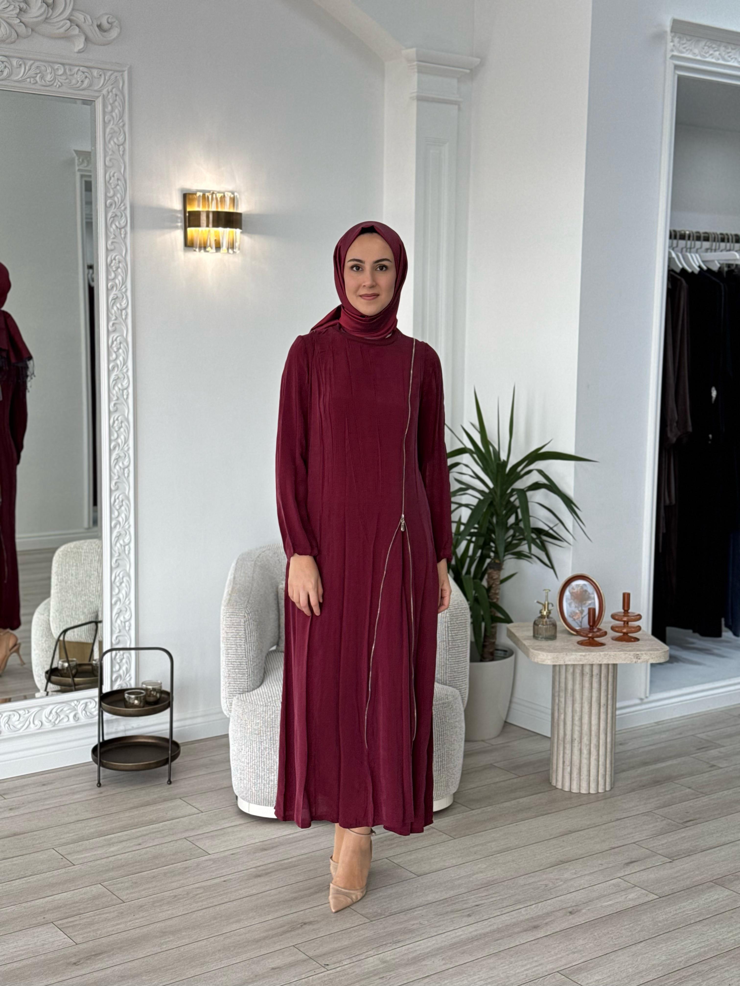 Misswhence Fermuar Detaylı Elbise Bordo 37830