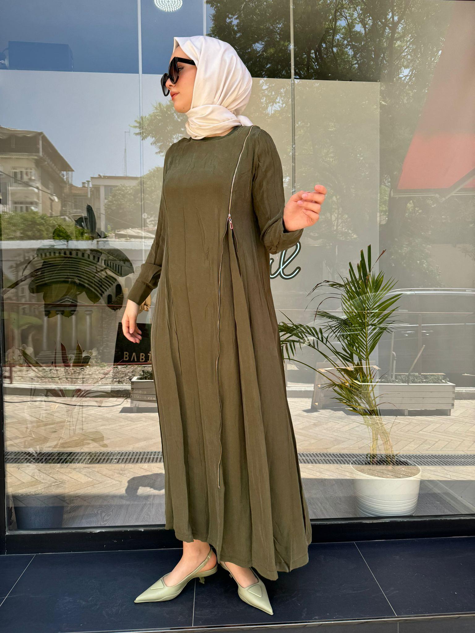 Misswhence Fermuar Detaylı Elbise Haki 35800