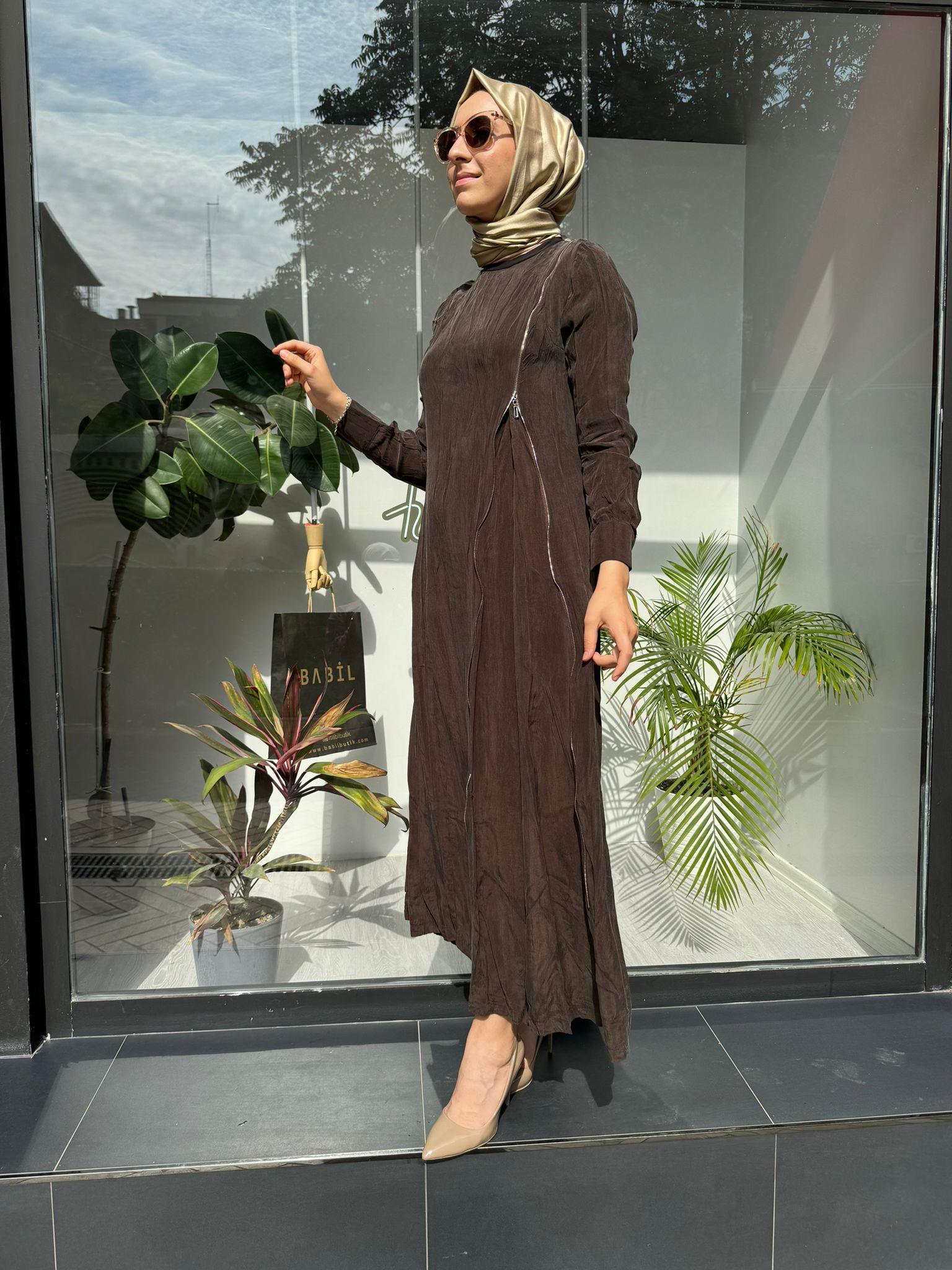 Misswhence Fermuar Detaylı Elbise Kahve 35800
