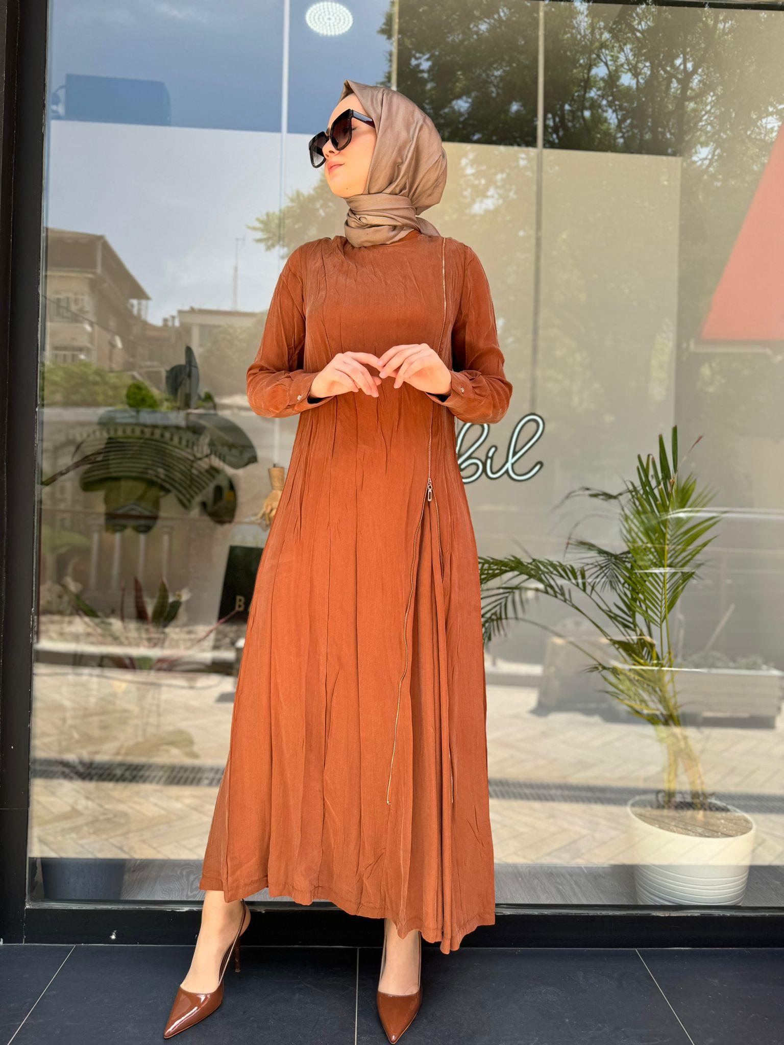 Misswhence Fermuar Detaylı Elbise Taba 35800