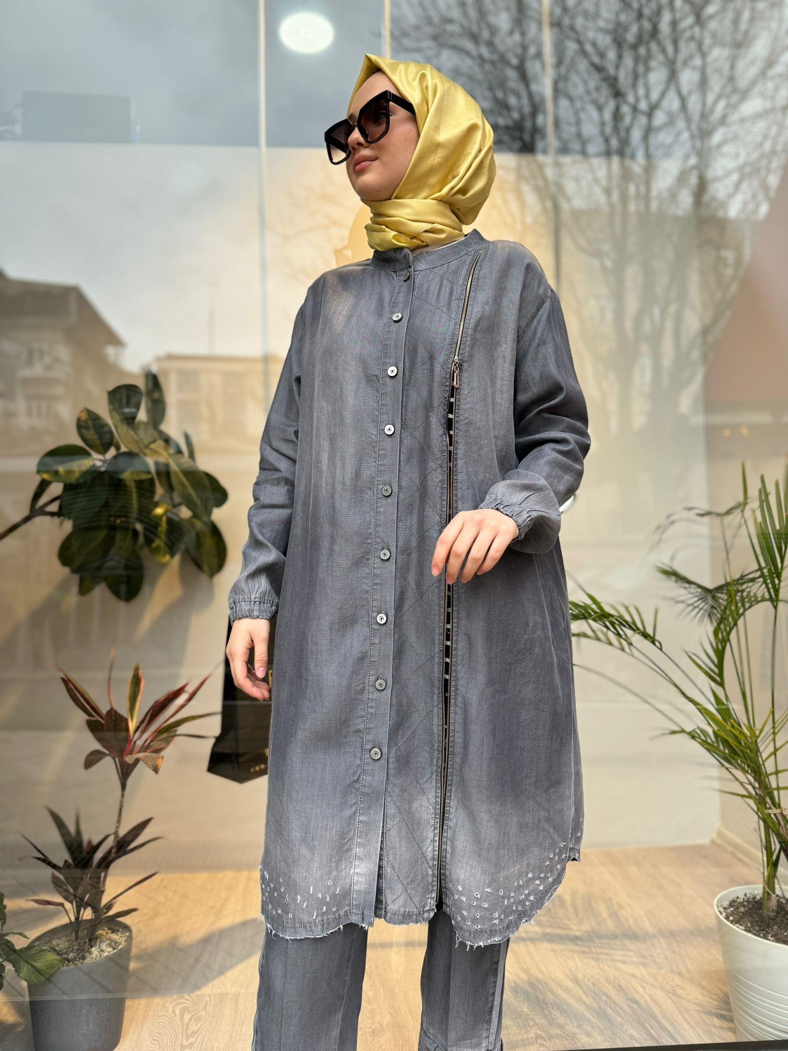 Misswhence Fermuar Detaylı Kot Tunik Gri 35001