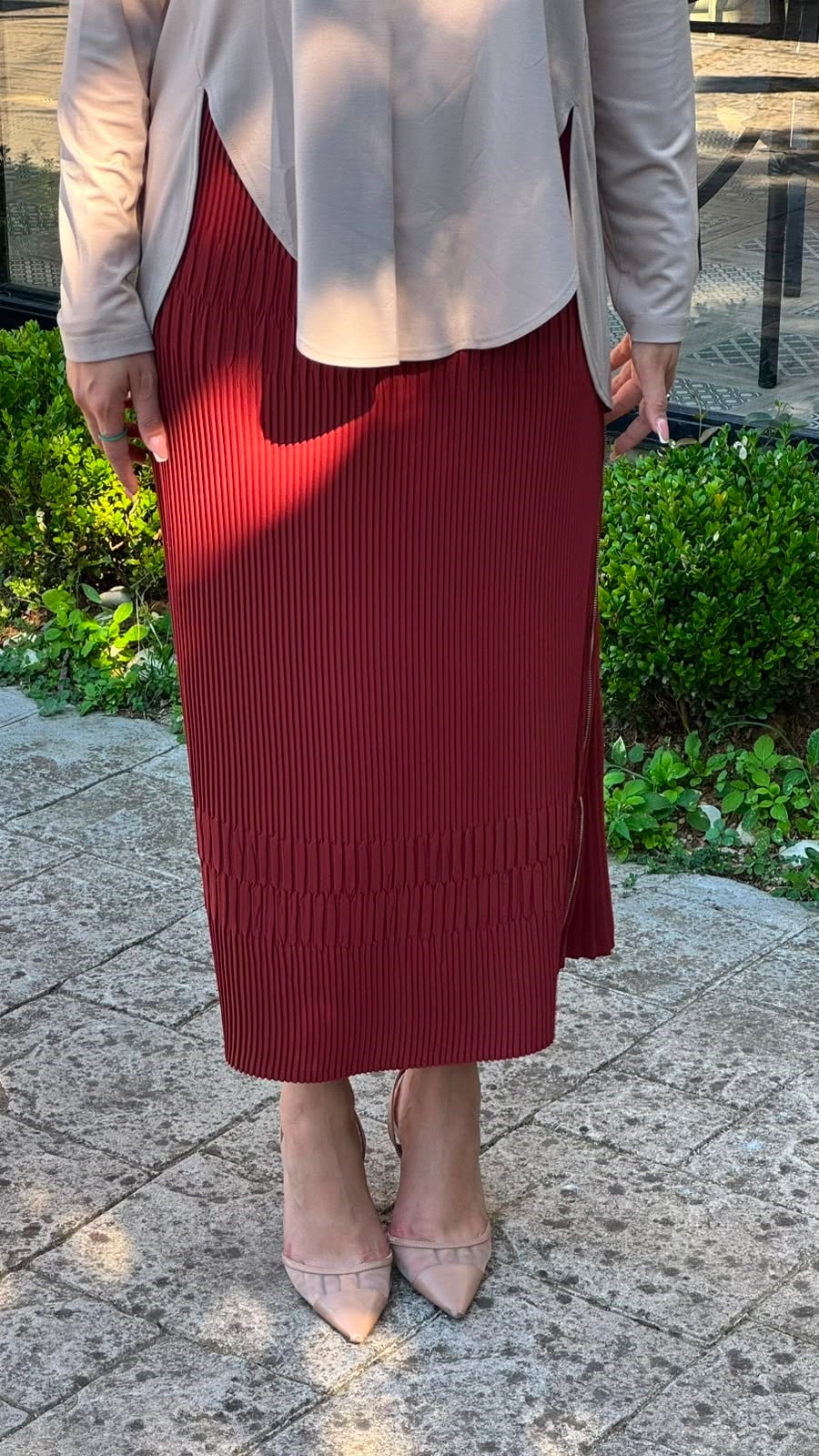 Misswhence Fermuar Detaylı Pilise Etek Bordo 38921