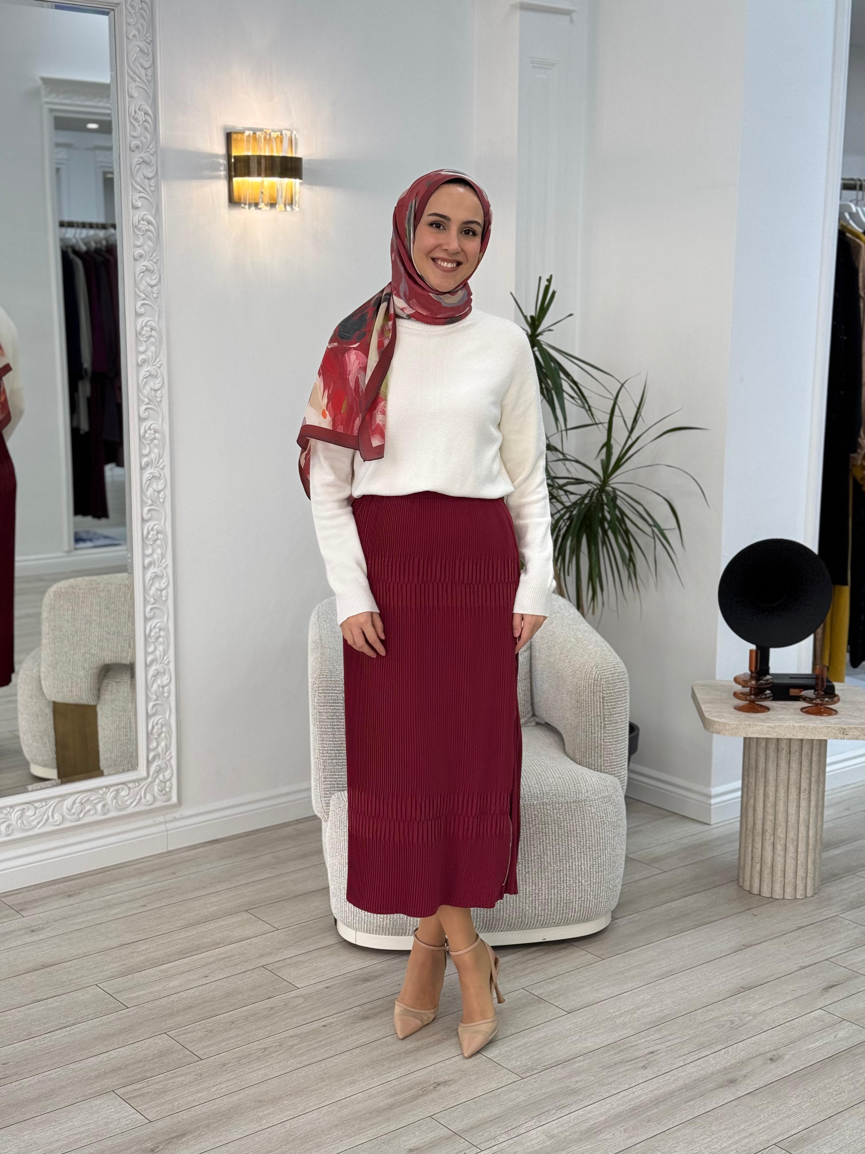 Misswhence Fermuar Detaylı Pilise Etek Bordo 36921