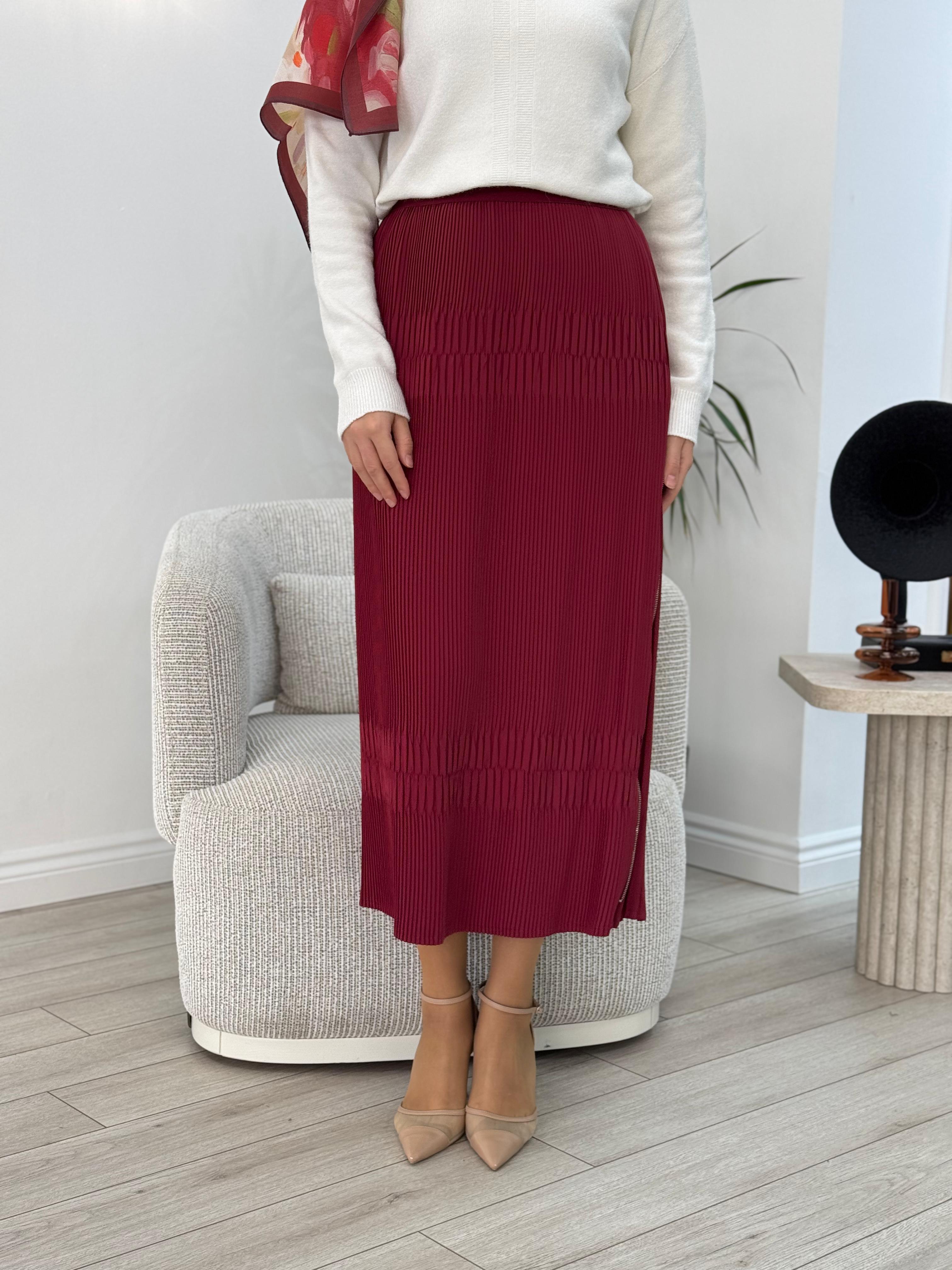Misswhence Fermuar Detaylı Pilise Etek Bordo 36921