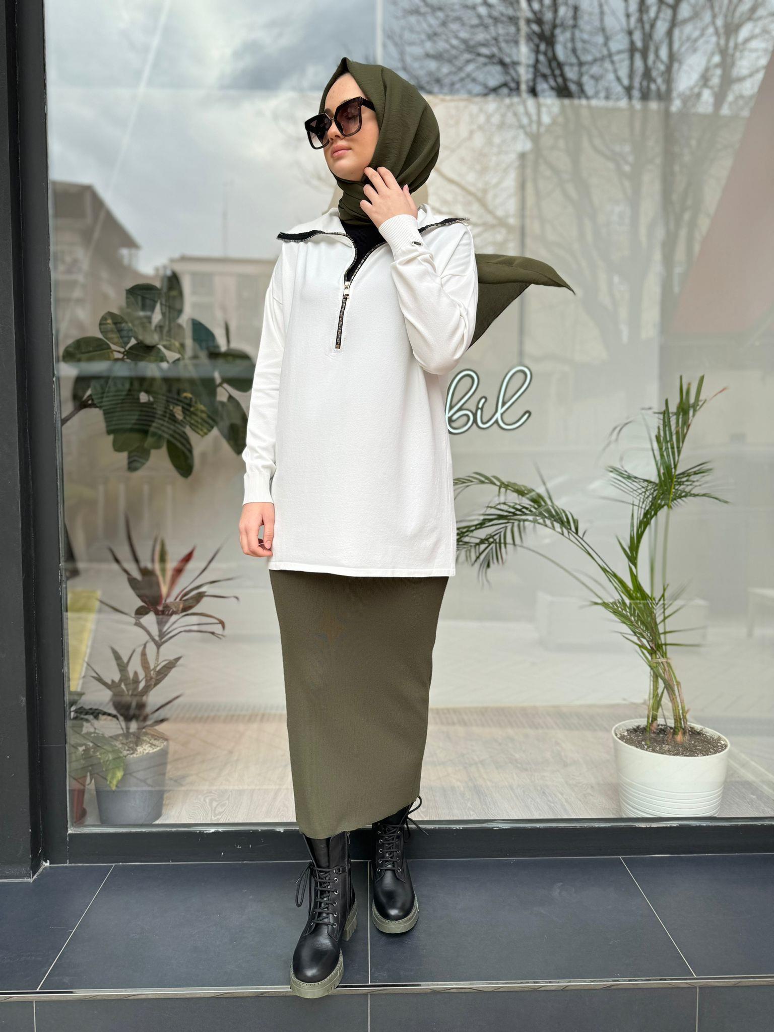 Misswhence Fermuar Detaylı Triko Beyaz Tunik MİSS-224