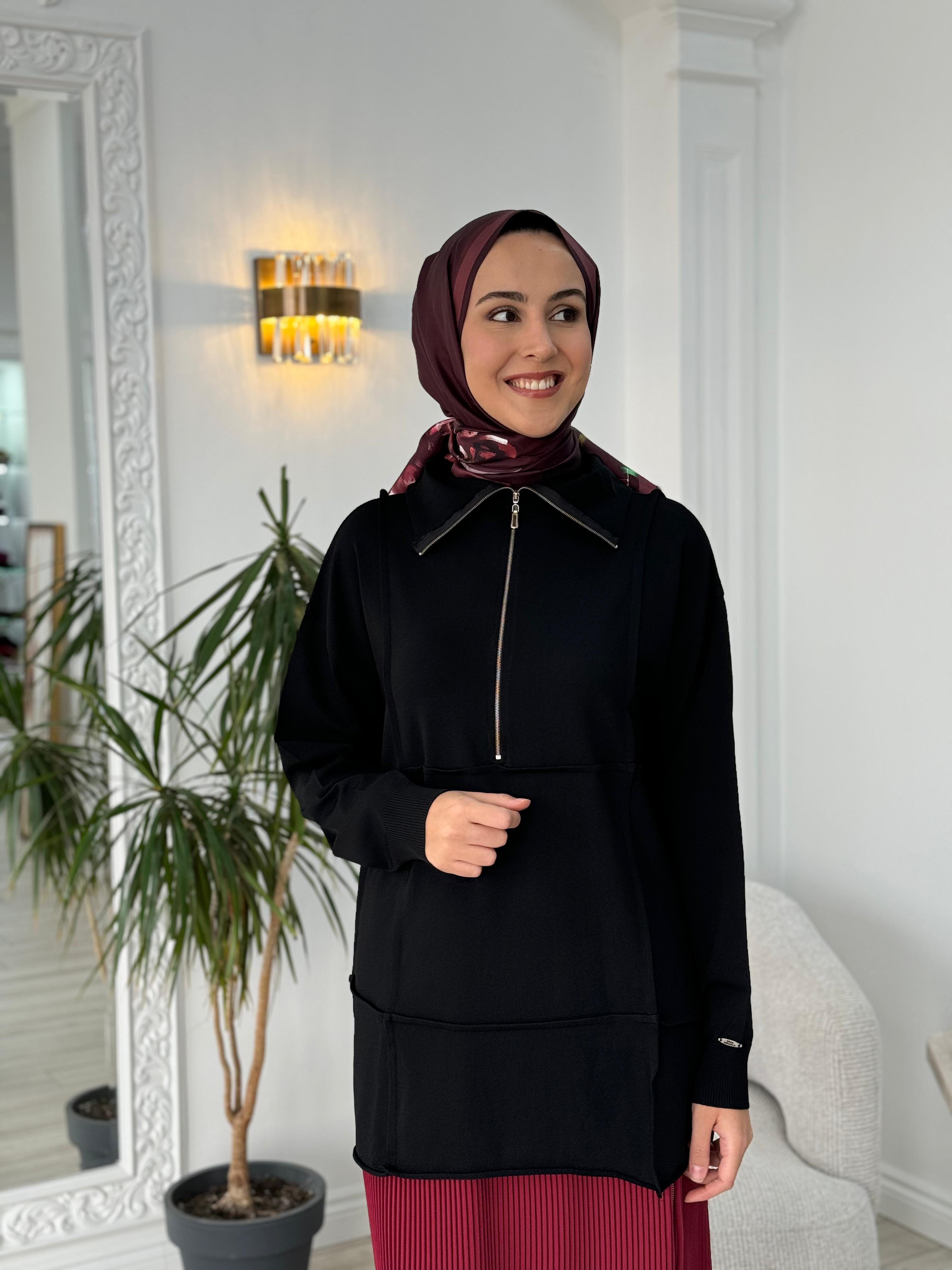 Misswhence Fermuar Detaylı Triko Tunik Siyah 36016