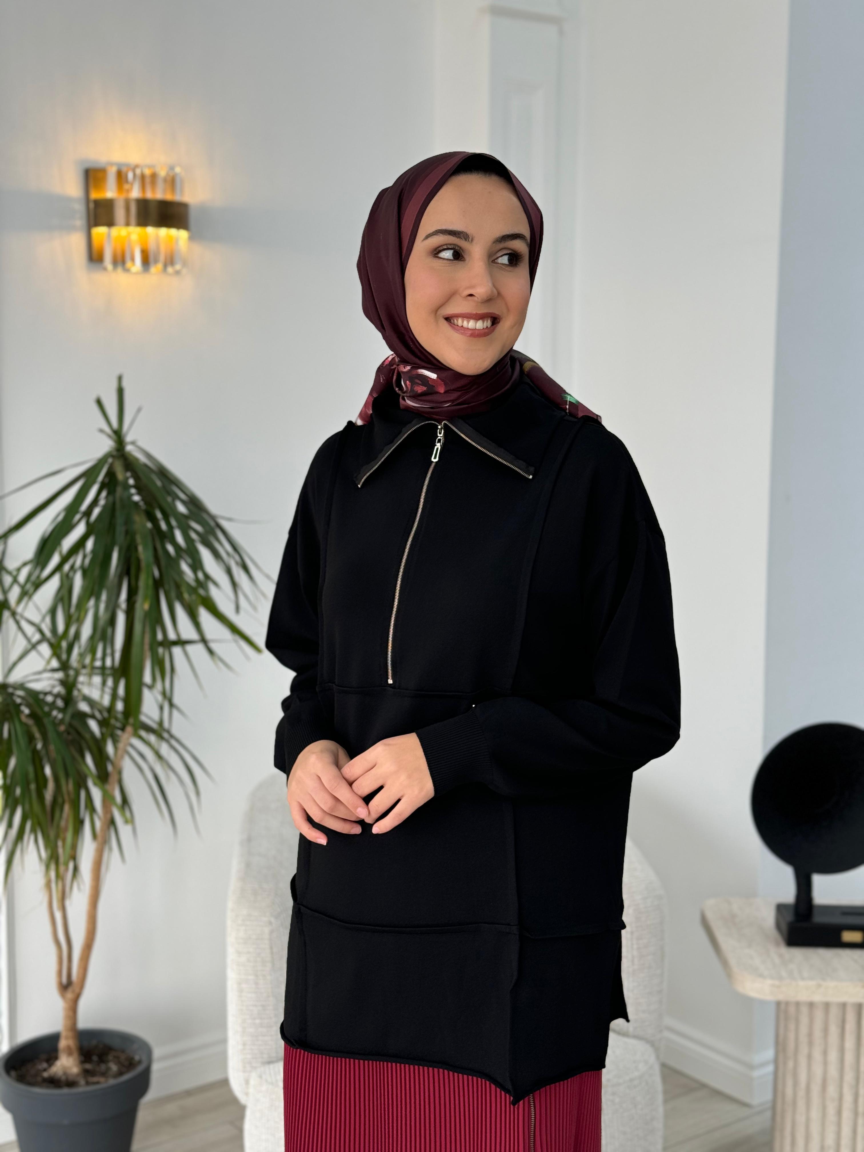 Misswhence Fermuar Detaylı Triko Tunik Siyah 36016