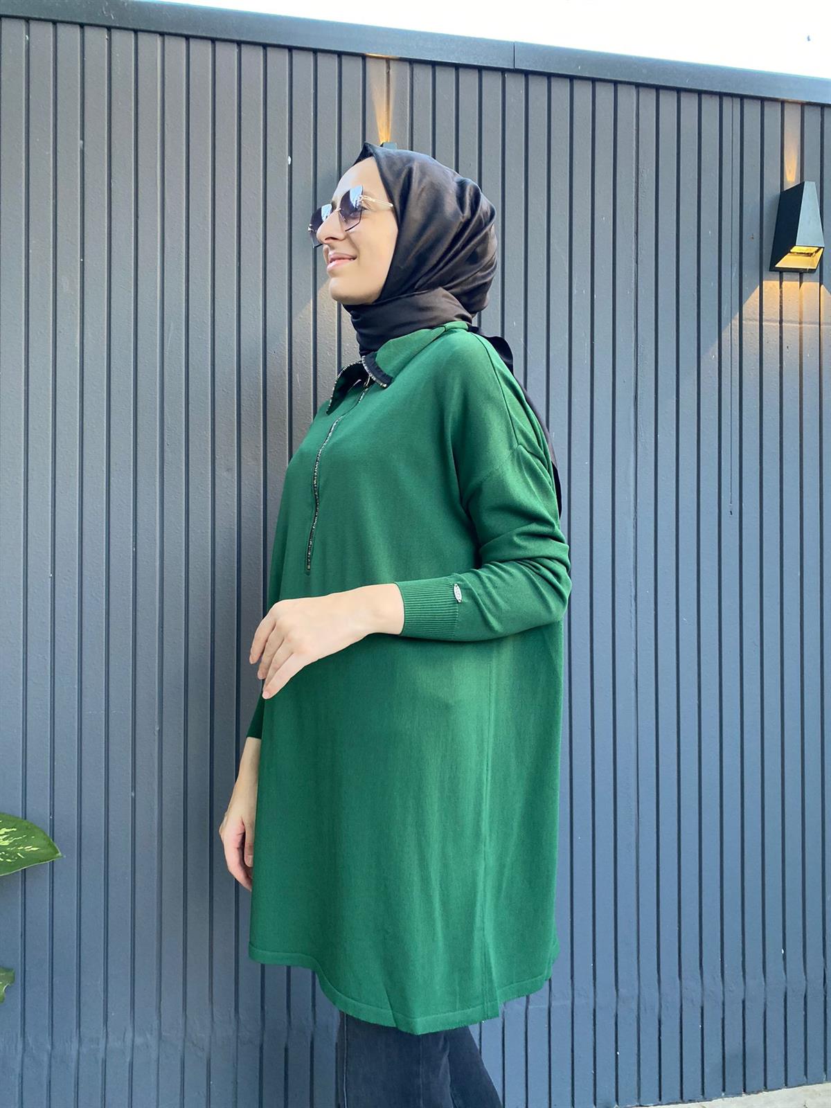 Misswhence Fermuar Detaylı Triko Yeşil Tunik MİSS-224