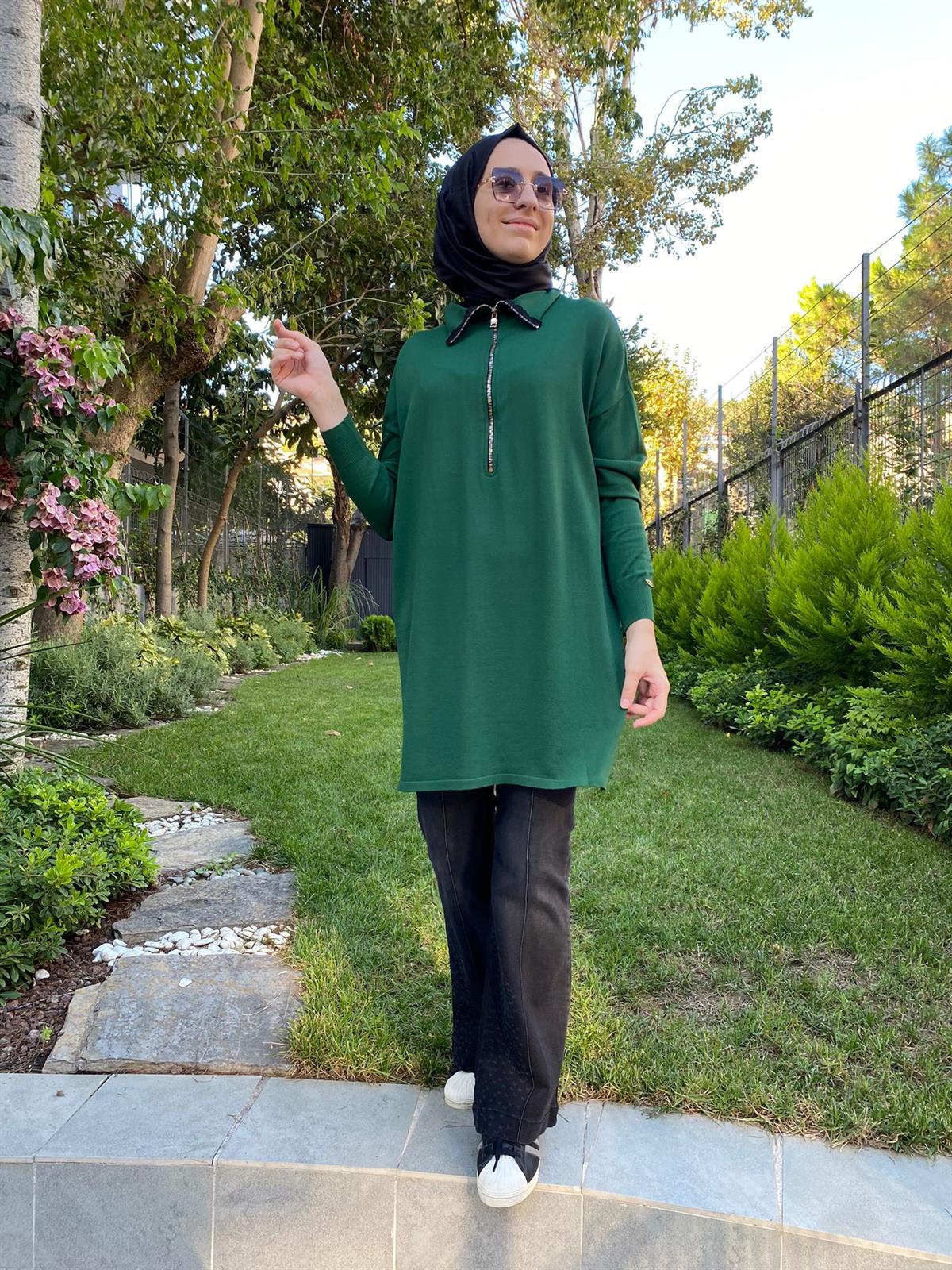 Misswhence Fermuar Detaylı Triko Yeşil Tunik MİSS-224