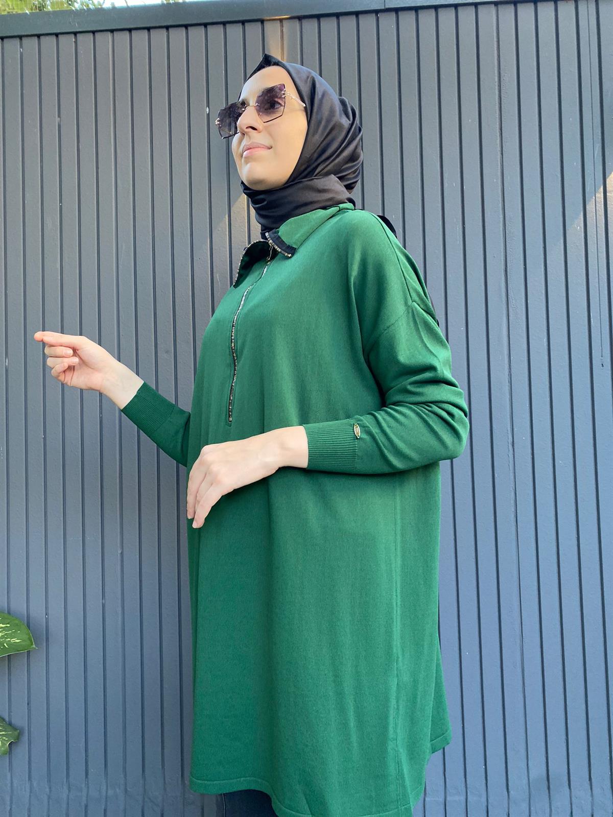 Misswhence Fermuar Detaylı Triko Yeşil Tunik MİSS-224