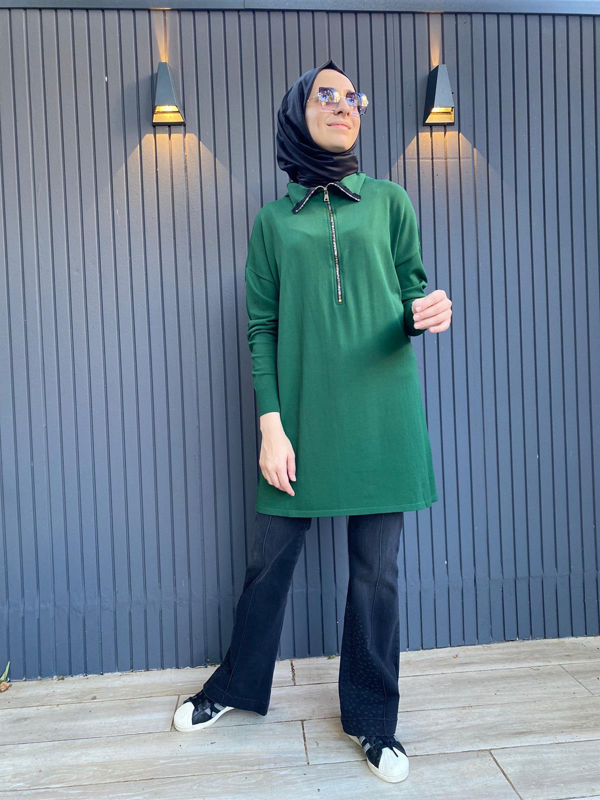 Misswhence Fermuar Detaylı Triko Yeşil Tunik MİSS-224