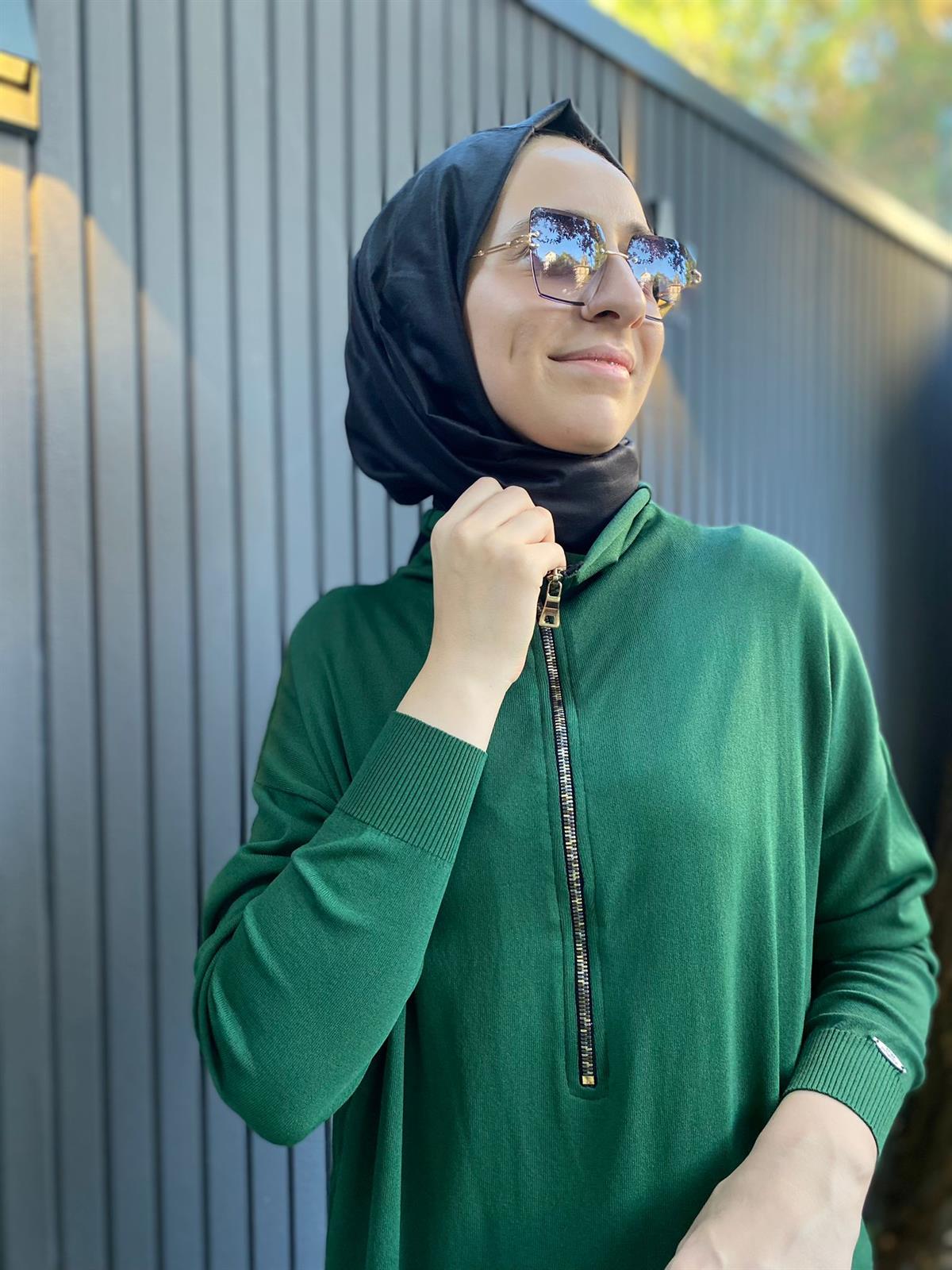 Misswhence Fermuar Detaylı Triko Yeşil Tunik MİSS-224