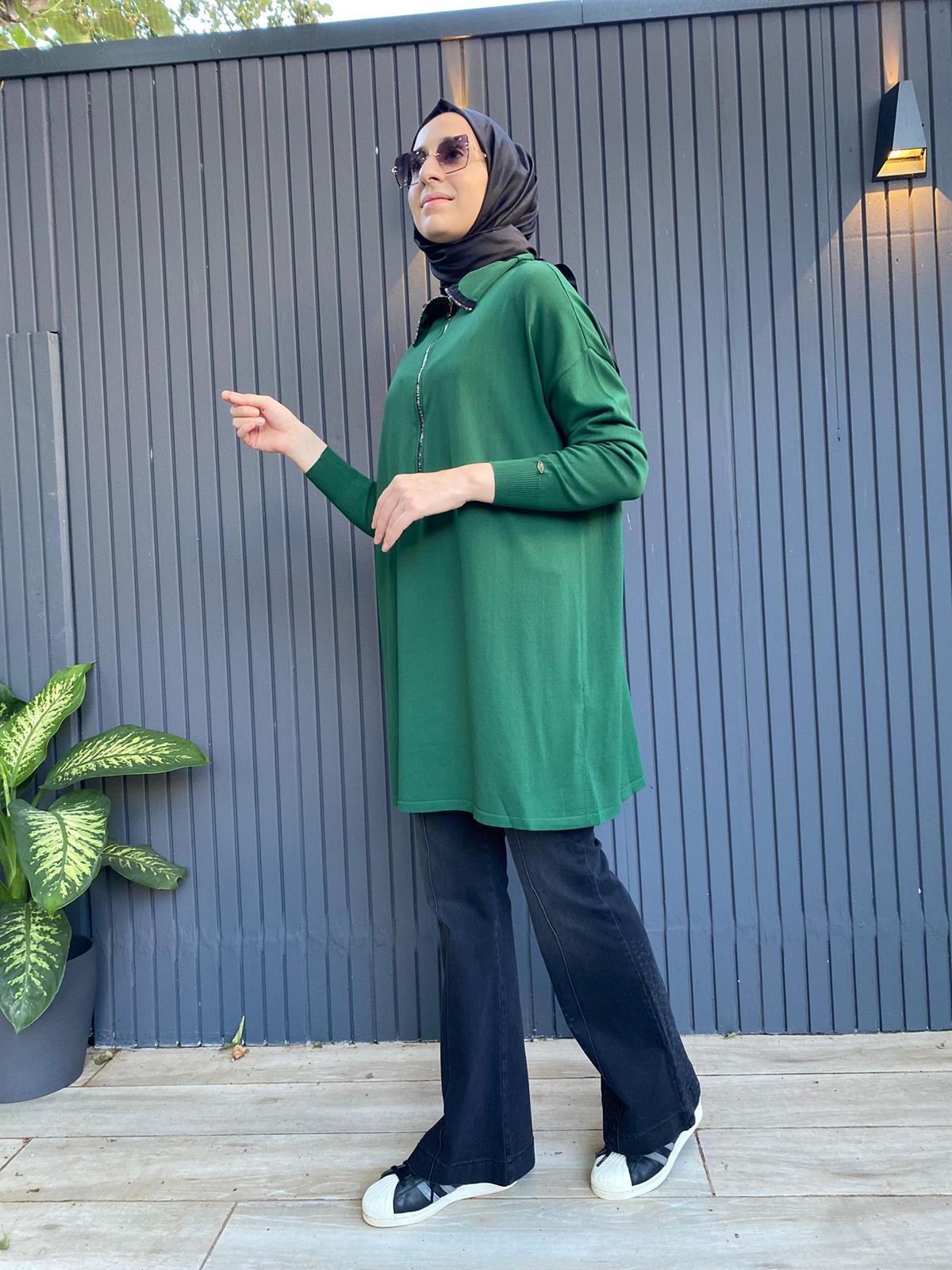 Misswhence Fermuar Detaylı Triko Yeşil Tunik MİSS-224