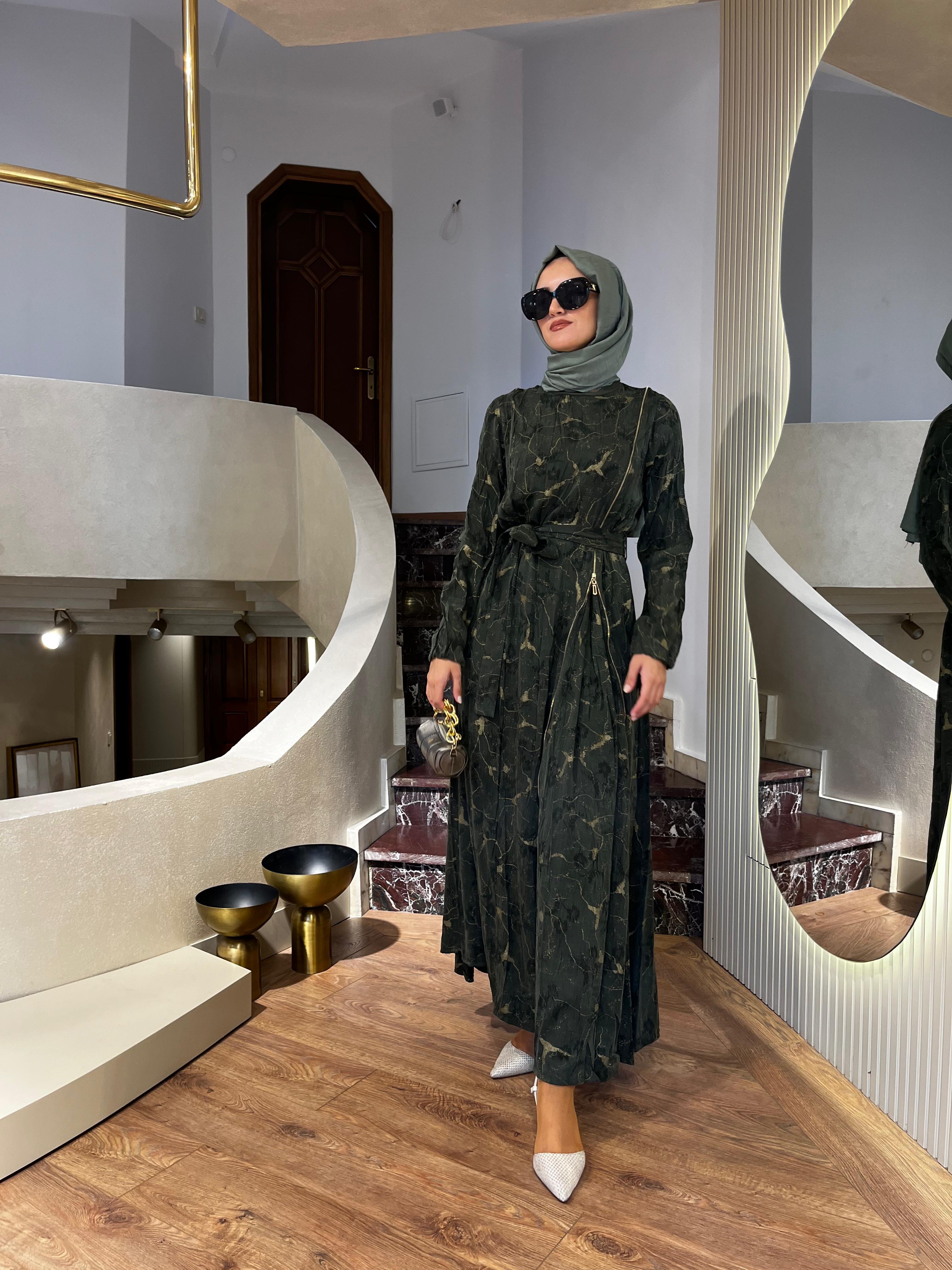 Misswhence Fermuarlı İpek Elbise Haki 36802