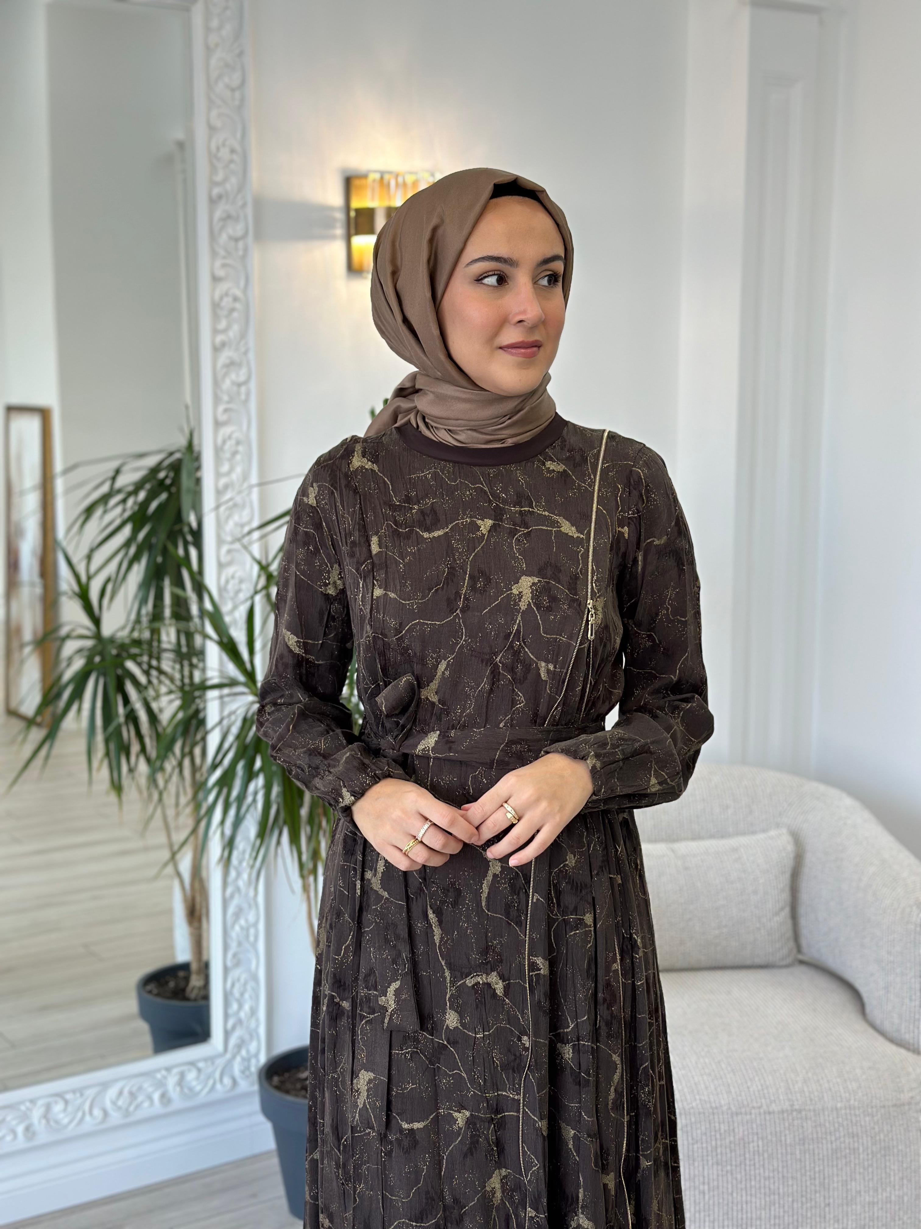 Misswhence Fermuarlı İpek Elbise Kahverengi 36802