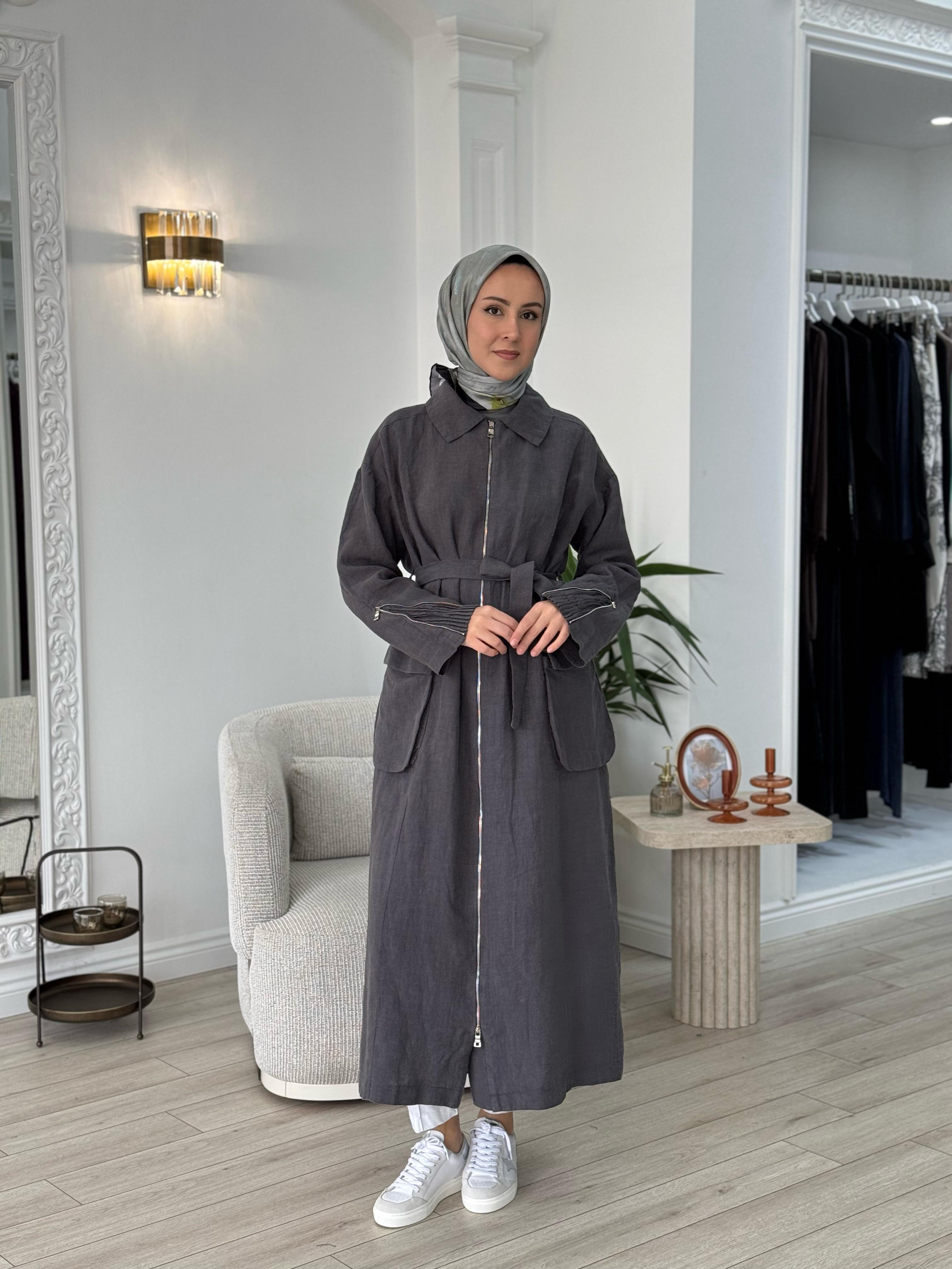Misswhence Fermuarlı Keten Pardesü Gri 37509