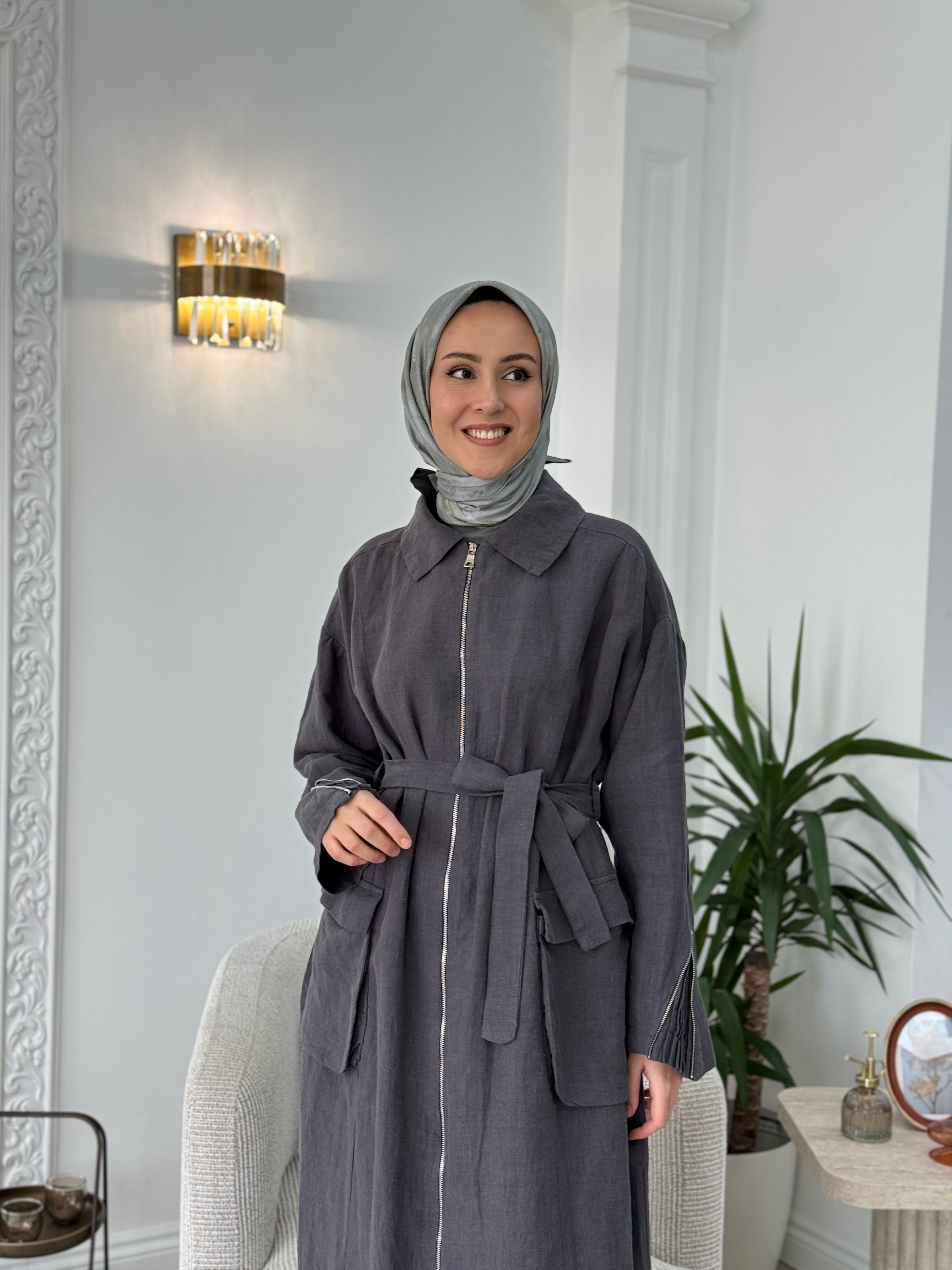 Misswhence Fermuarlı Keten Pardesü Gri 37509
