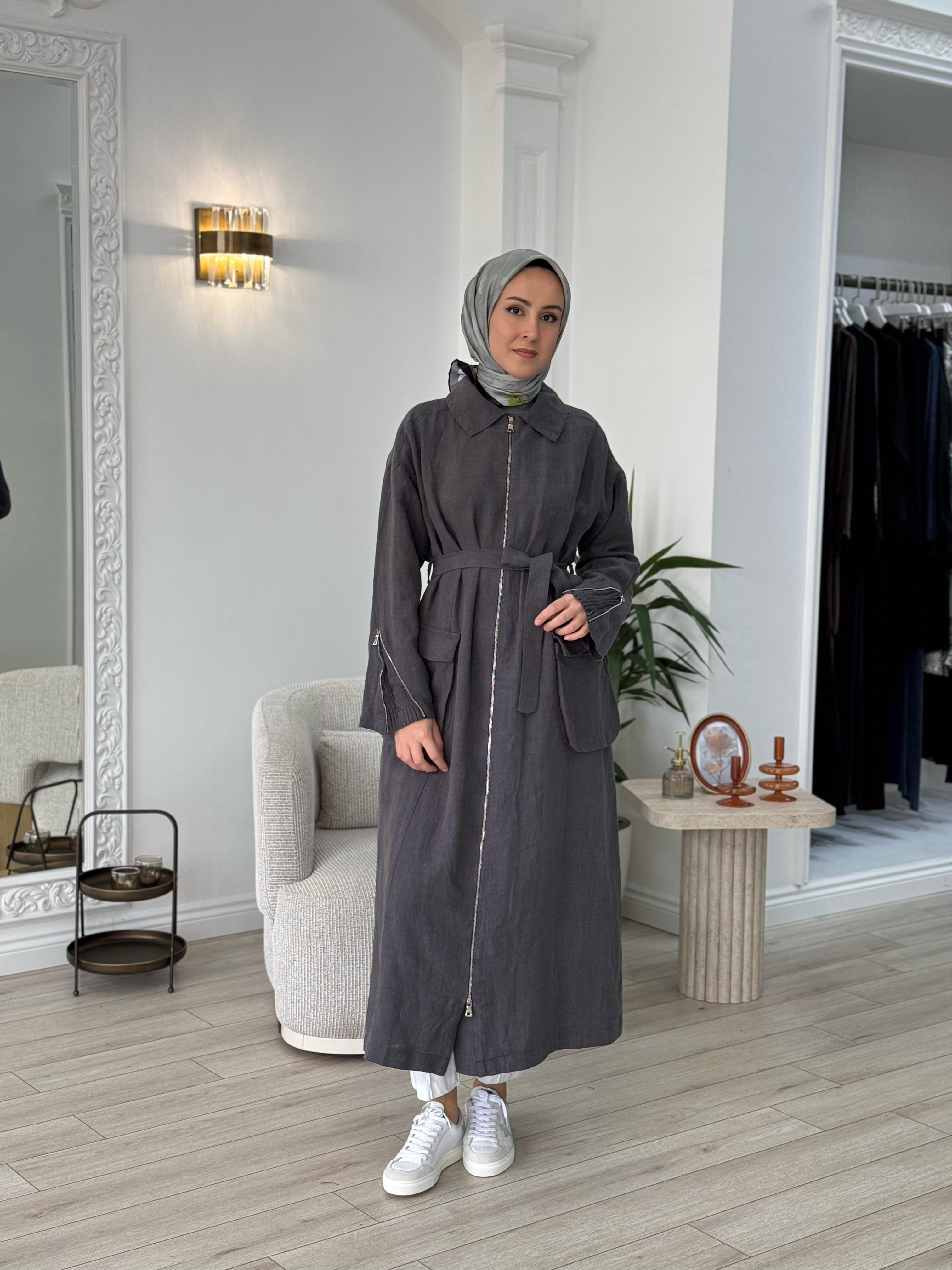 Misswhence Fermuarlı Keten Pardesü Gri 37509