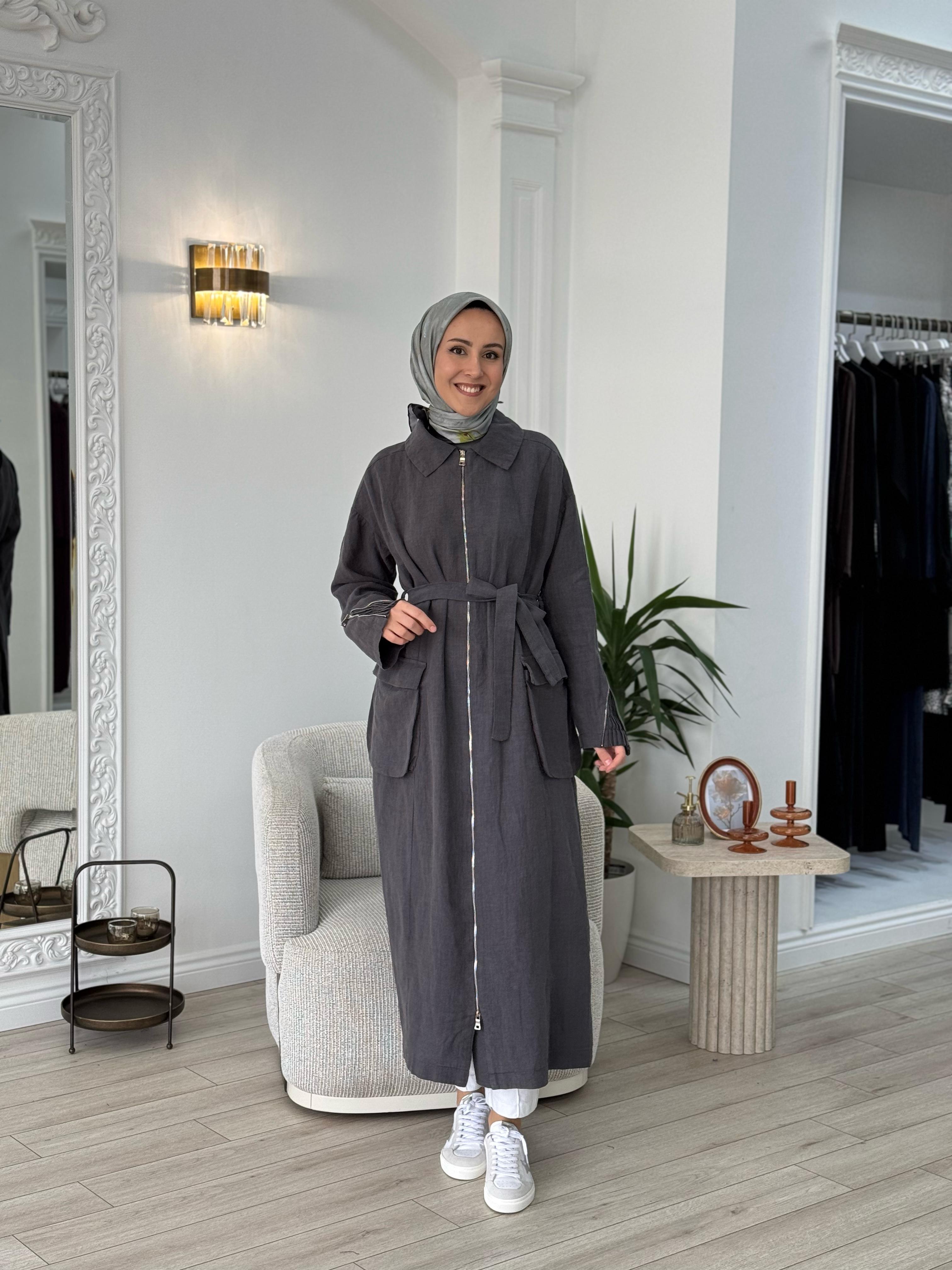 Misswhence Fermuarlı Keten Pardesü Gri 37509
