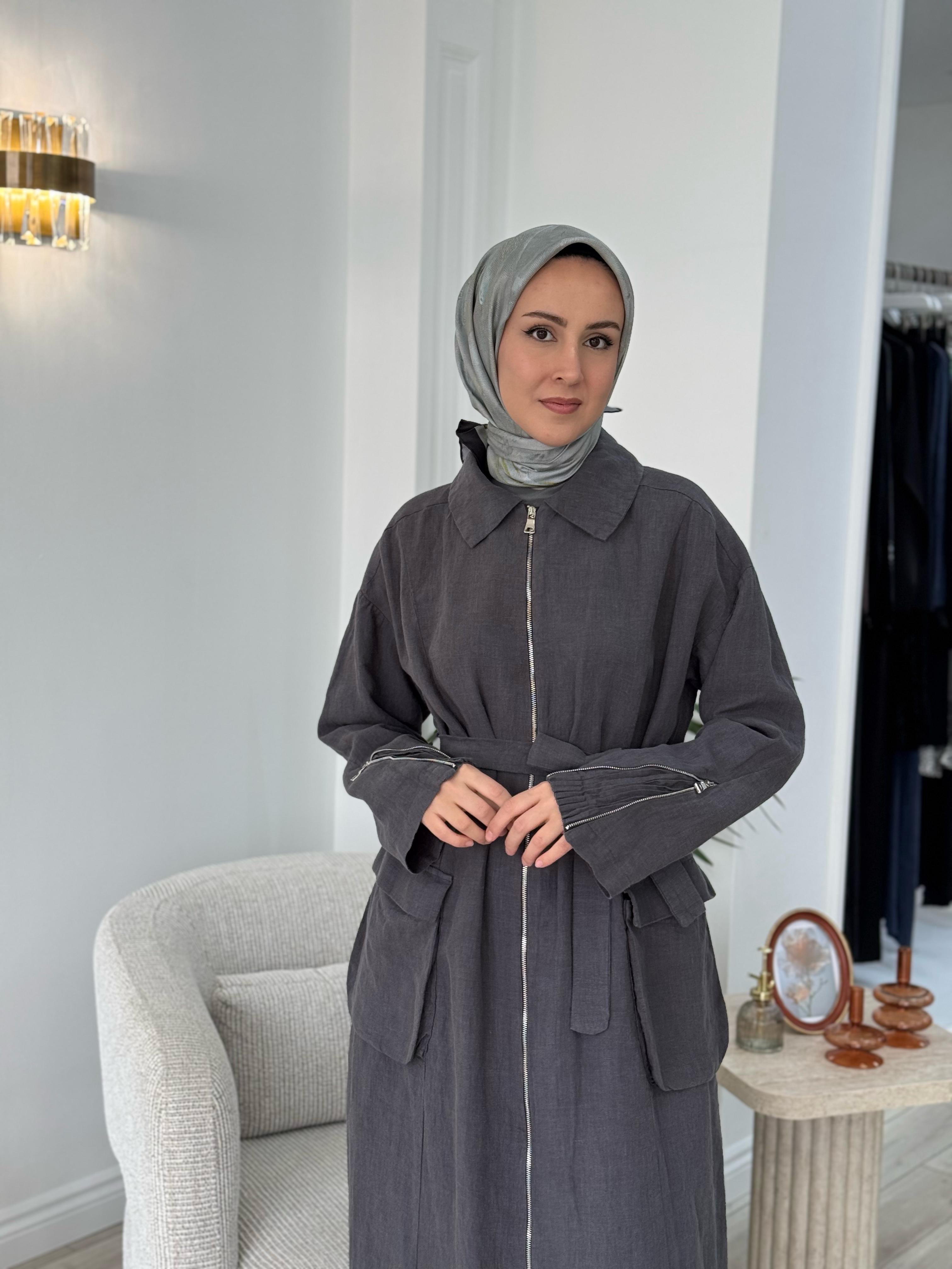Misswhence Fermuarlı Keten Pardesü Gri 37509