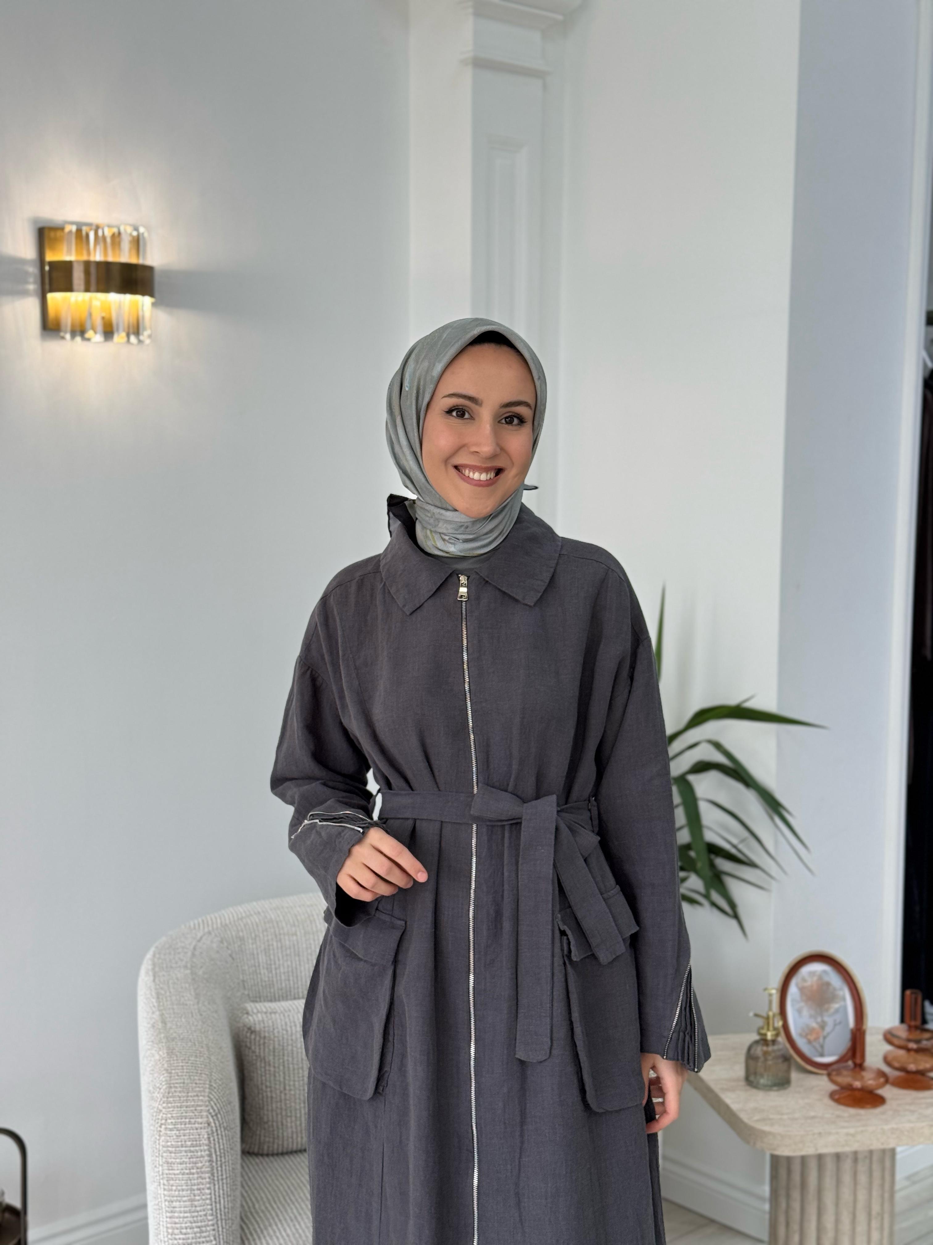 Misswhence Fermuarlı Keten Pardesü Gri 37509