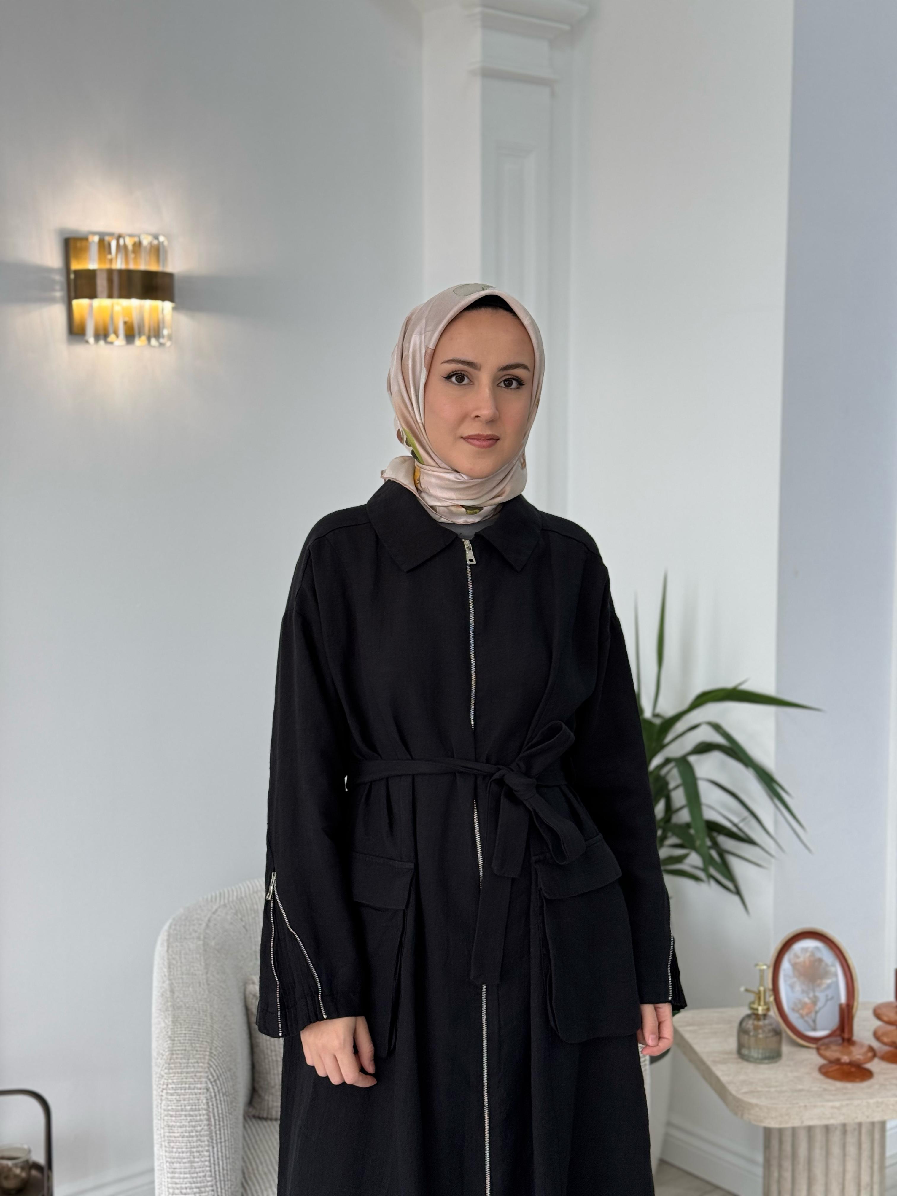 Misswhence Fermuarlı Keten Pardesü Siyah 37509